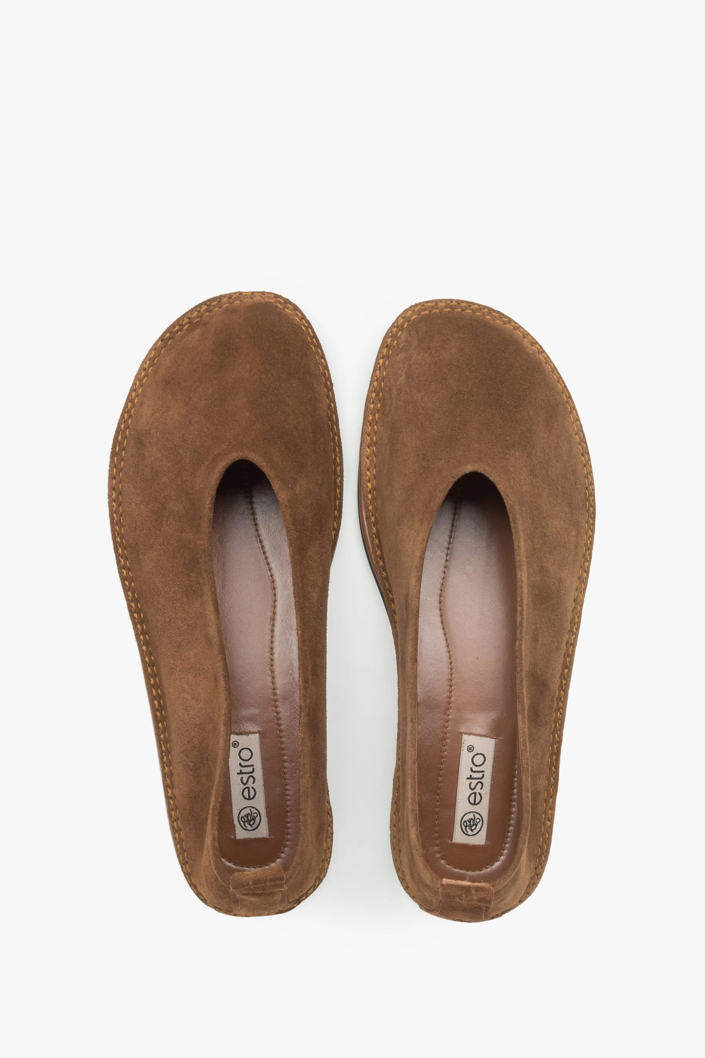 Miękkie brązowe baleriny damskie z weluru naturalnego typu barefoot Estro ER00117365 - Image 4