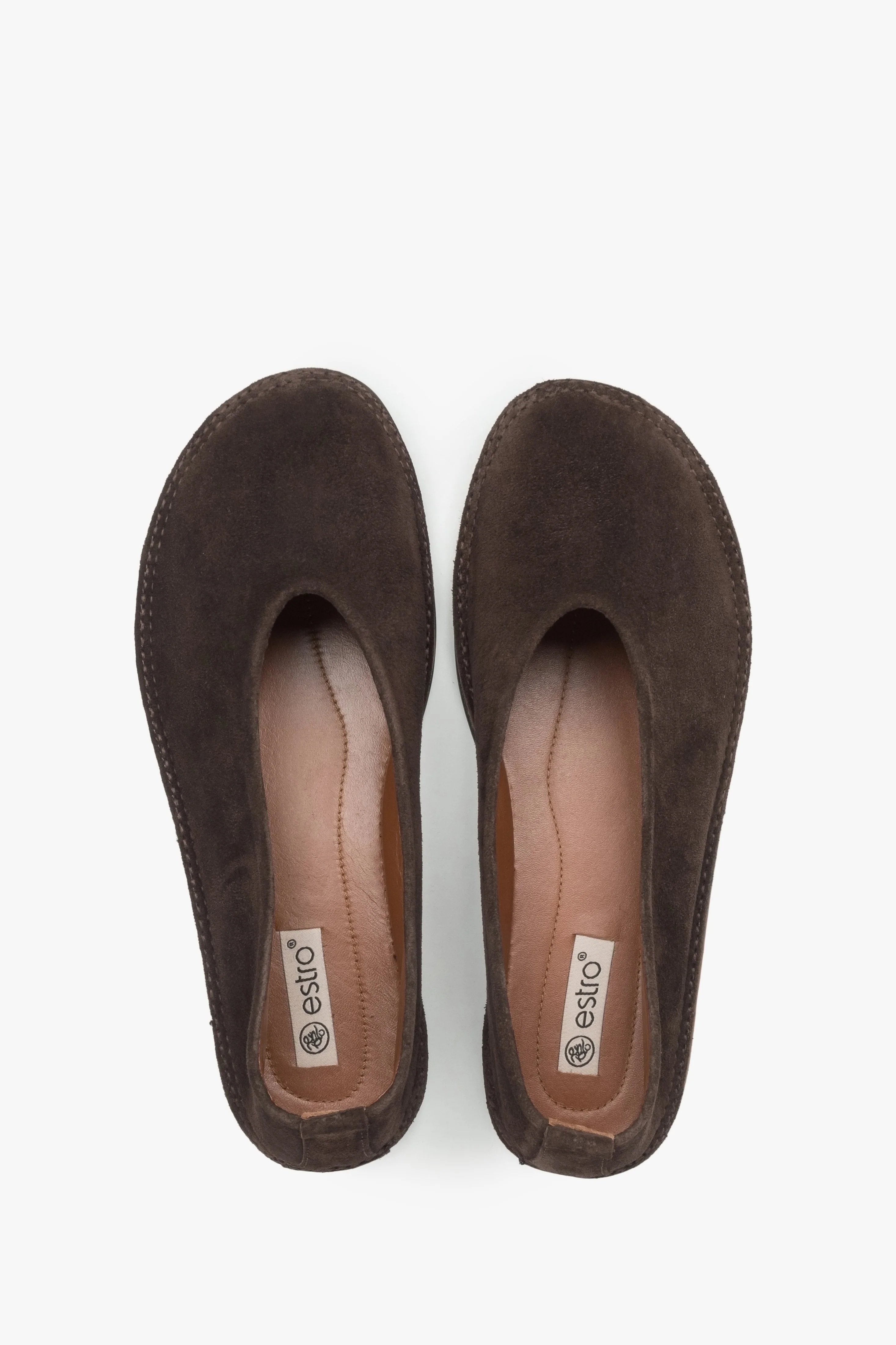 Miękkie ciemnobrązowe baleriny damskie z weluru naturalnego typu barefoot Estro ER00117363 - Image 4