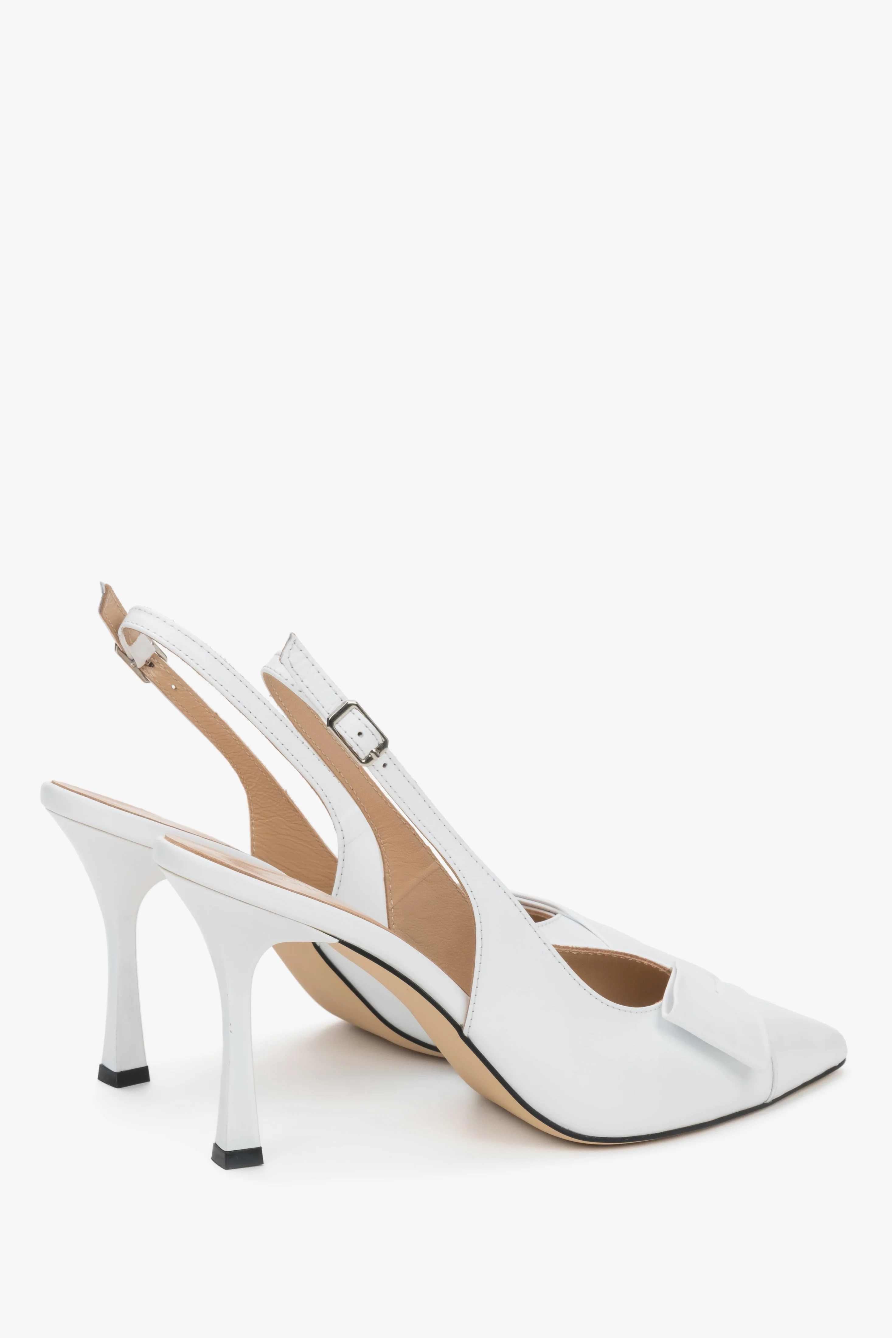 Białe skórzane czółenka damskie typu slingback na szpilce z czubkiem w szpic Estro ER00119580 - Image 5