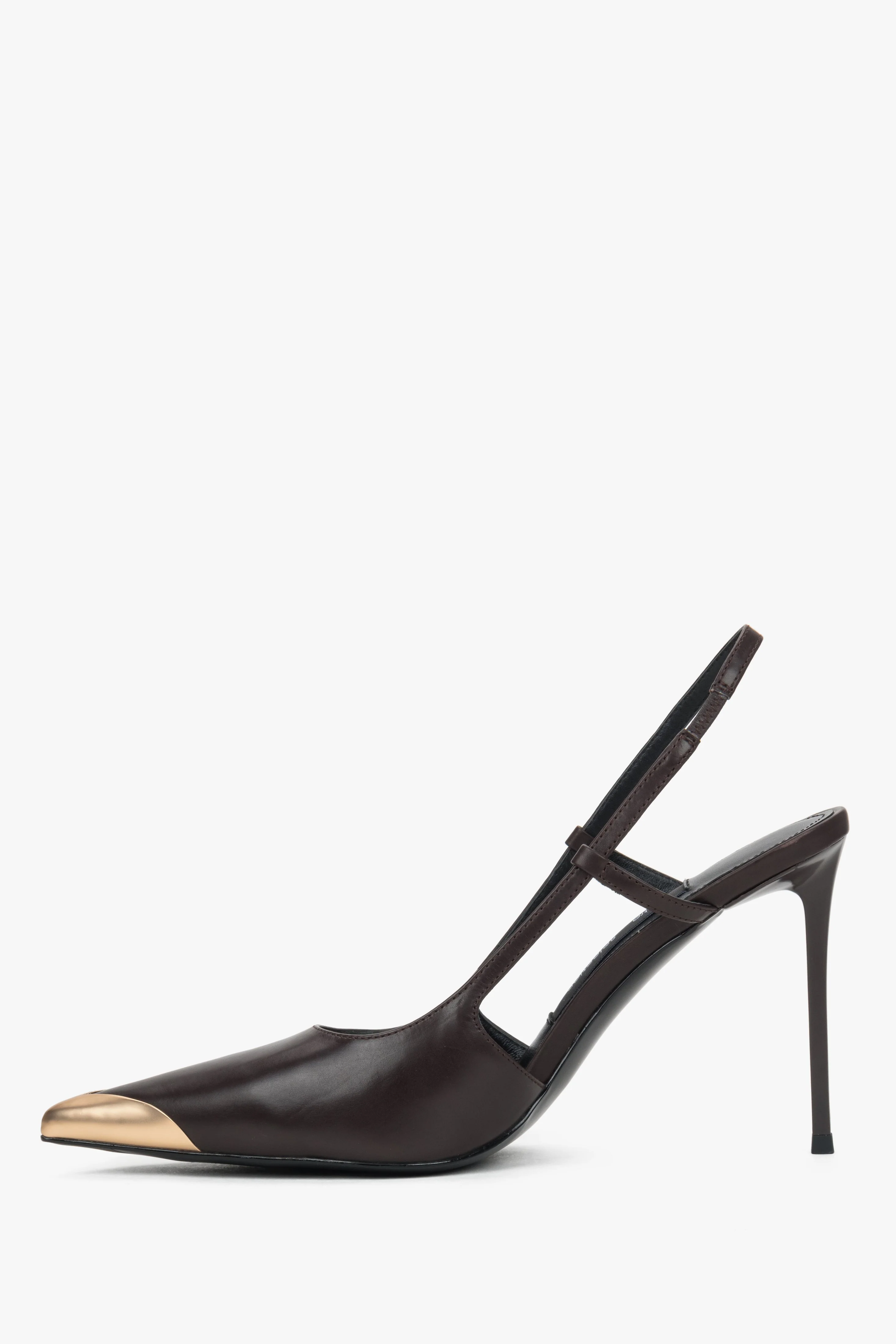 Ciemnobrązowe skórzane czółenka typu slingback w szpic ze złotym noskiem Estro Selection ER00119237 - Image 8