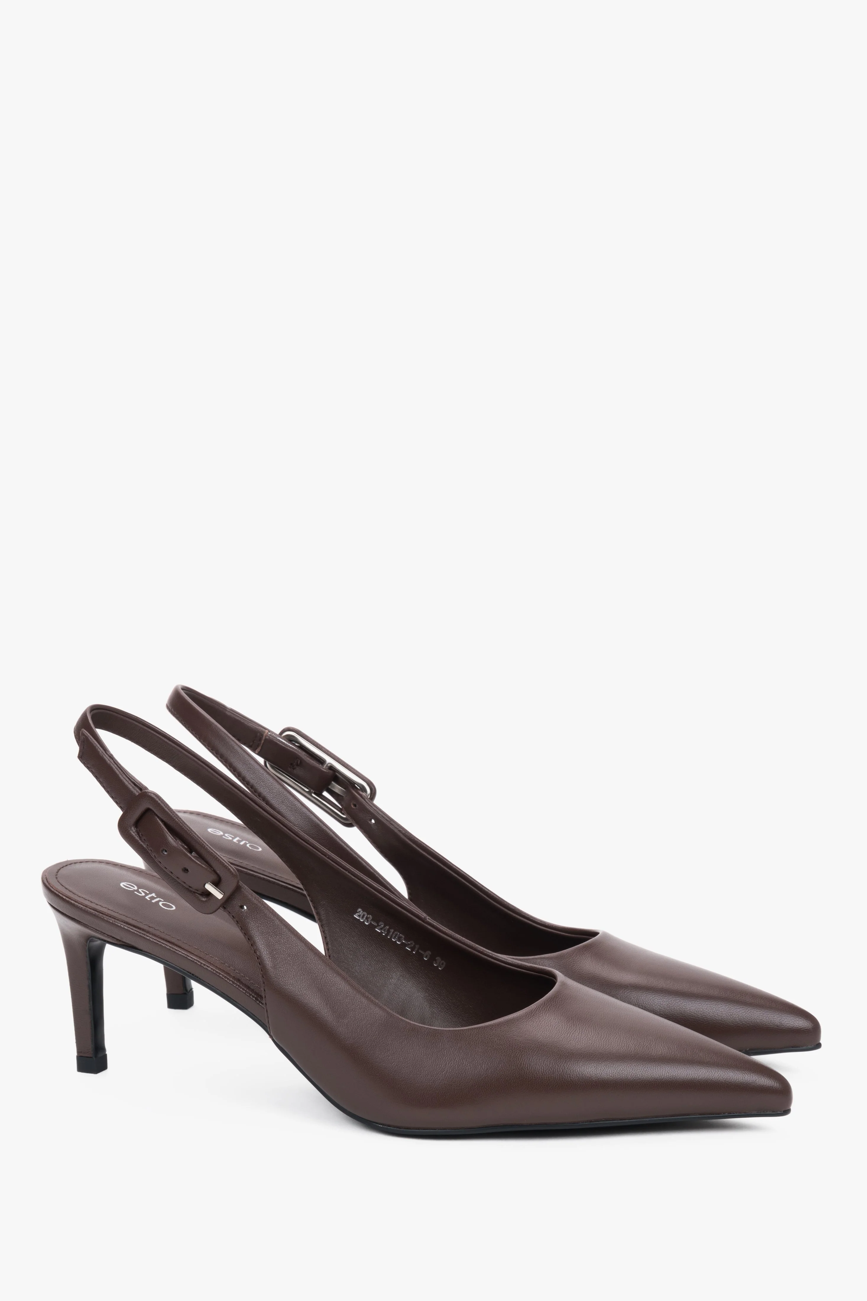 Ciemnobrązowe czółenka damskie typu slingback ze skóry naturalnej na stabilnej szpilce Estro ER00119690 - Image 3