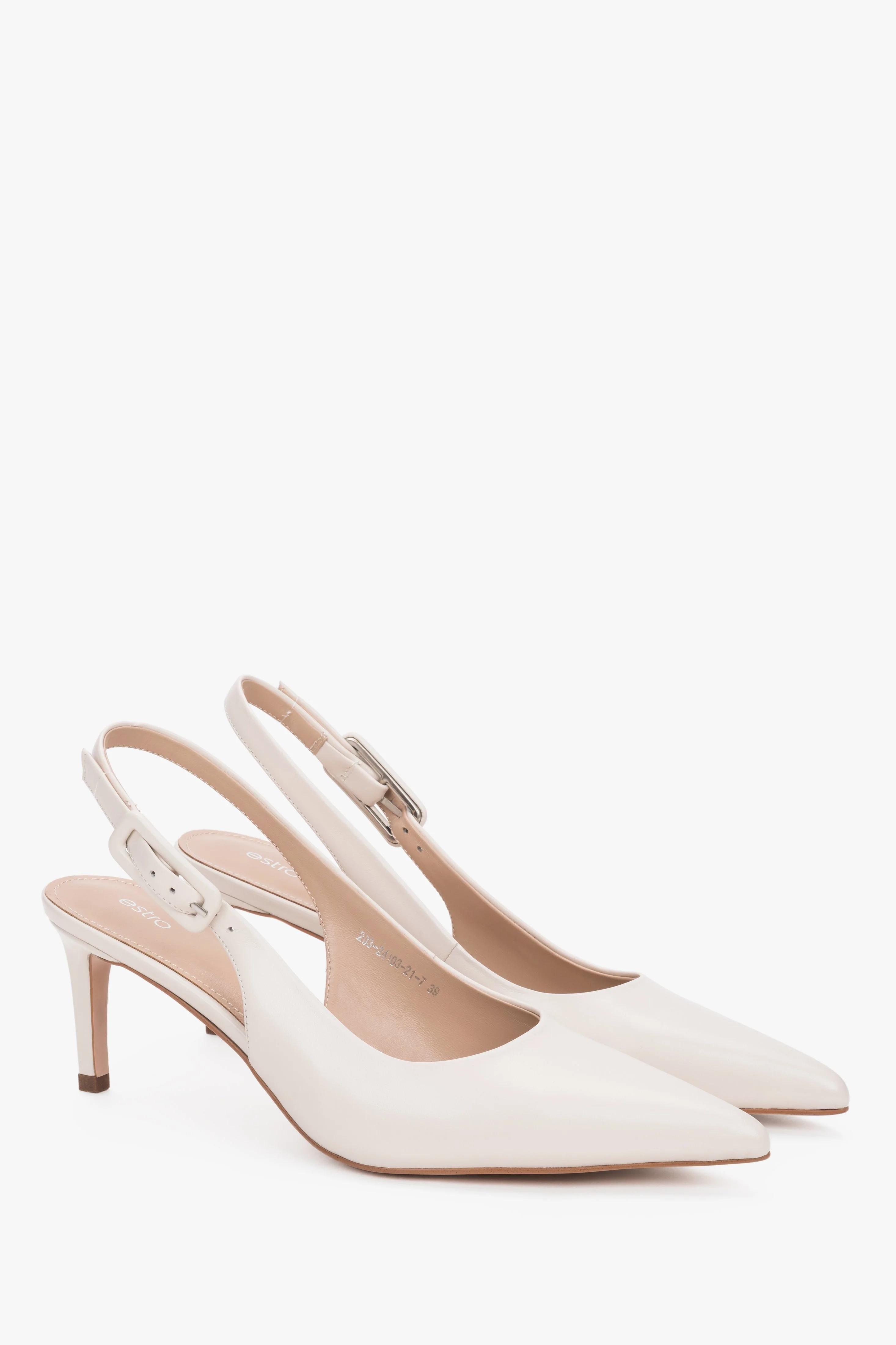 Mlecznobeżowe czółenka damskie typu slingback ze skóry naturalnej na stabilnej szpilce Estro ER00119282 - Image 2