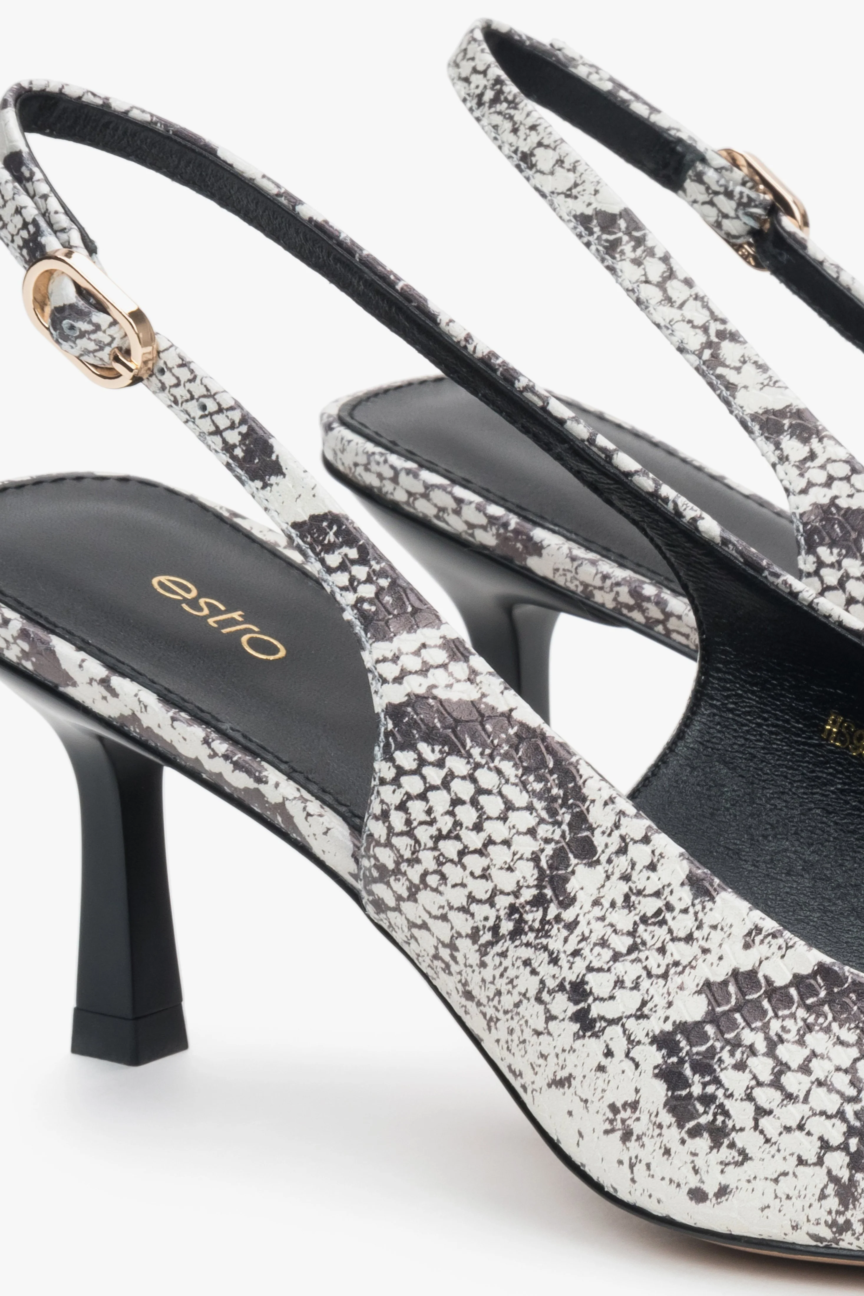 Czarno-szare skórzane czółenka damskie typu slingback ze zwierzęcym wzorem Estro ER00117230 - Image 6
