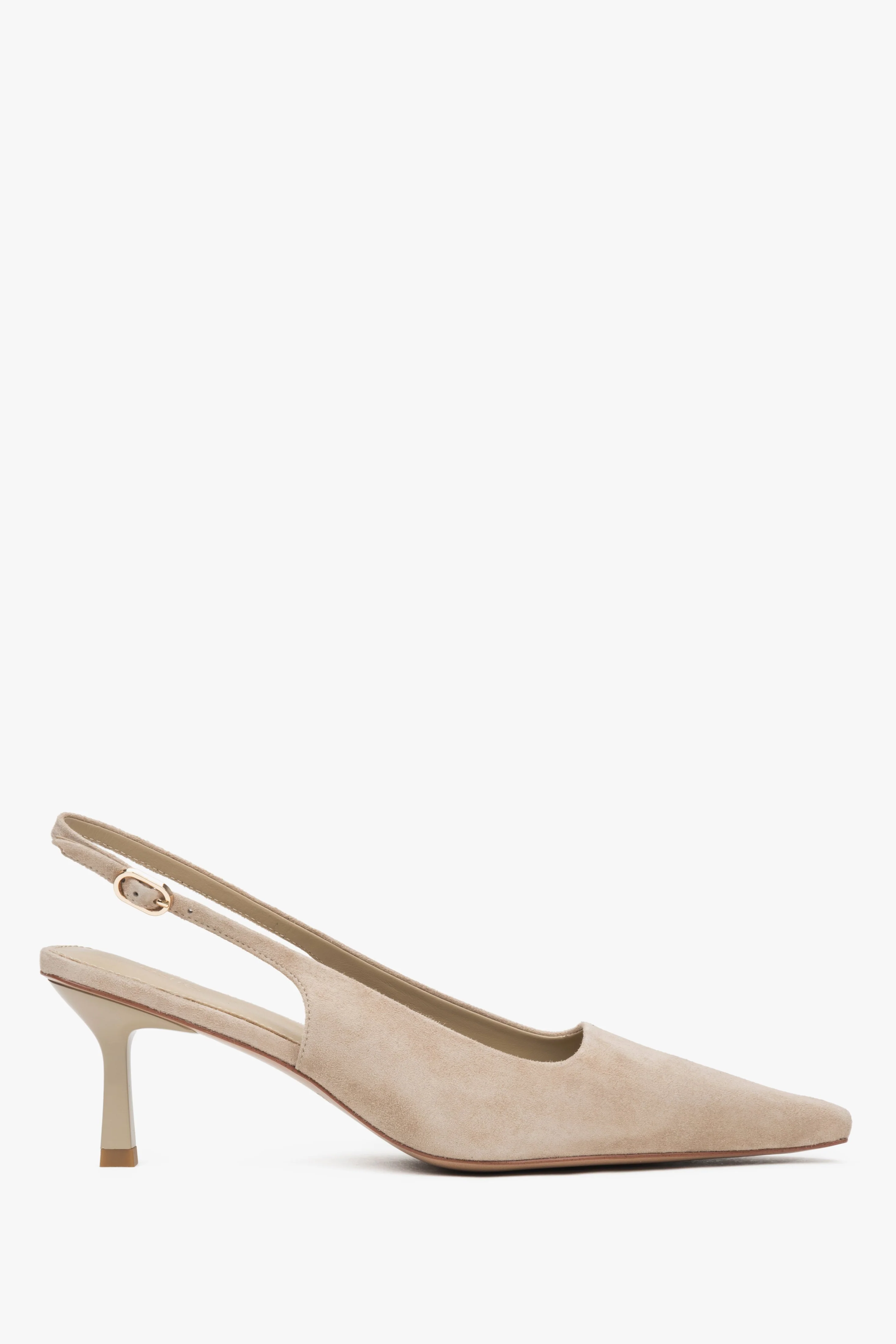 Beżowe welurowe czółenka damskie typu slingback na niskim obcasie Estro ER00117228 - Image 3