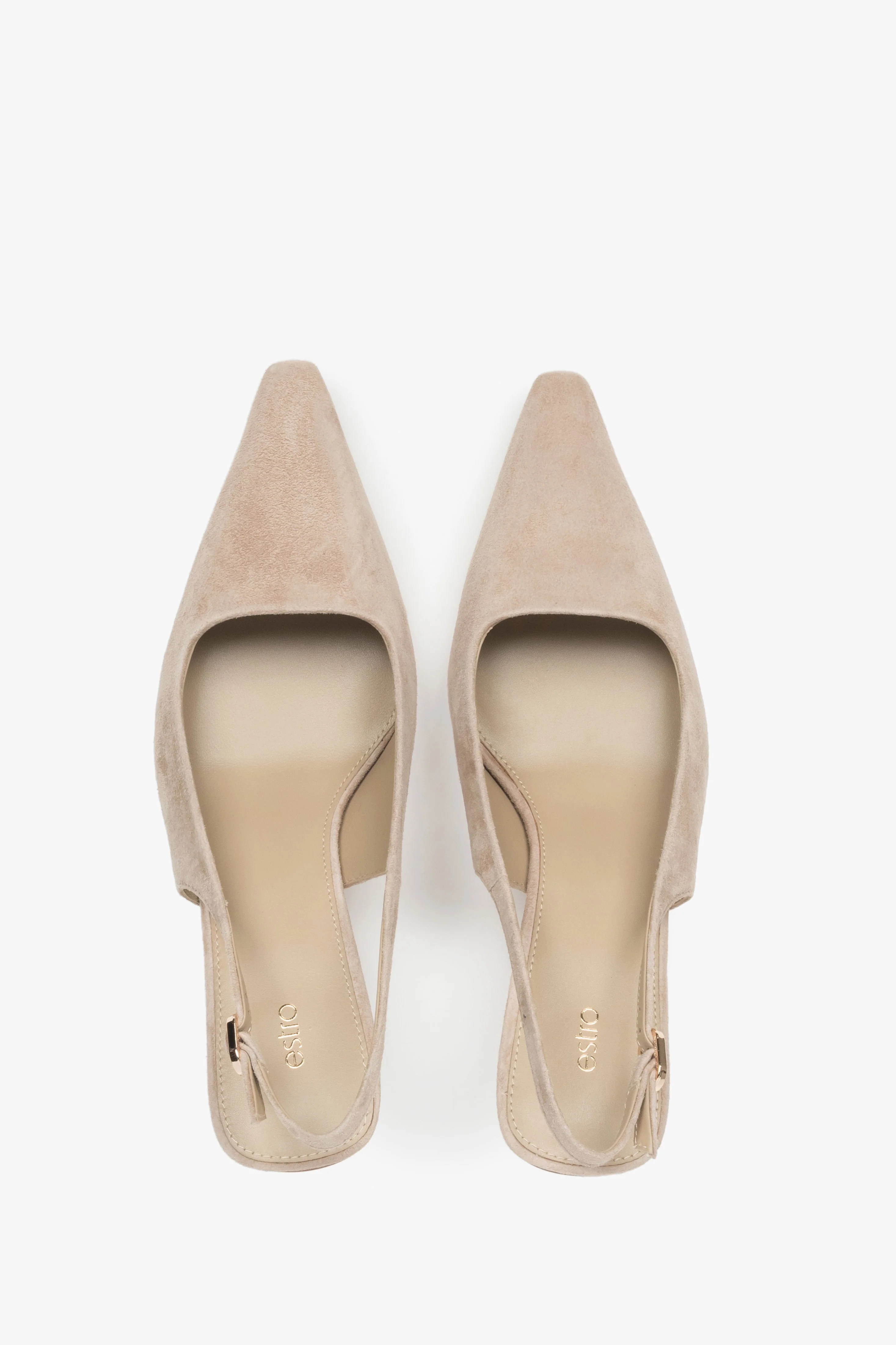 Beżowe welurowe czółenka damskie typu slingback na niskim obcasie Estro ER00117228 - Image 5