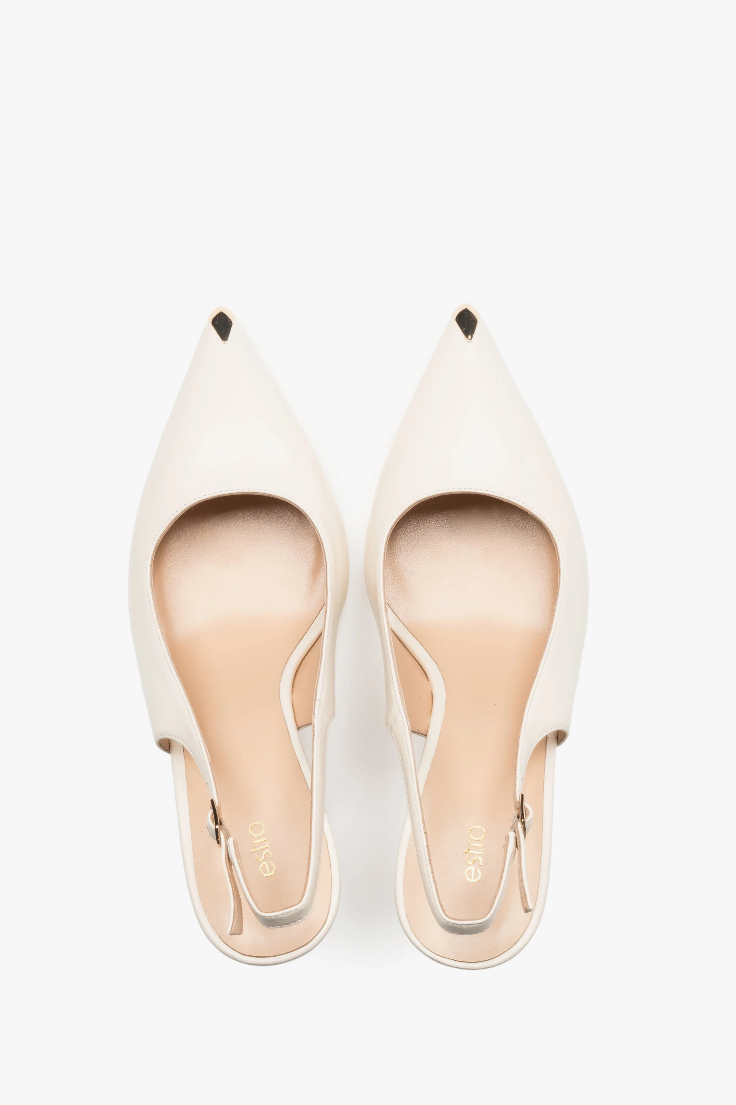 Jasnobeżowe skórzane czółenka damskie typu slingback na obcasie ze złotym czubkiem w szpic Estro ER00119582 - Image 4