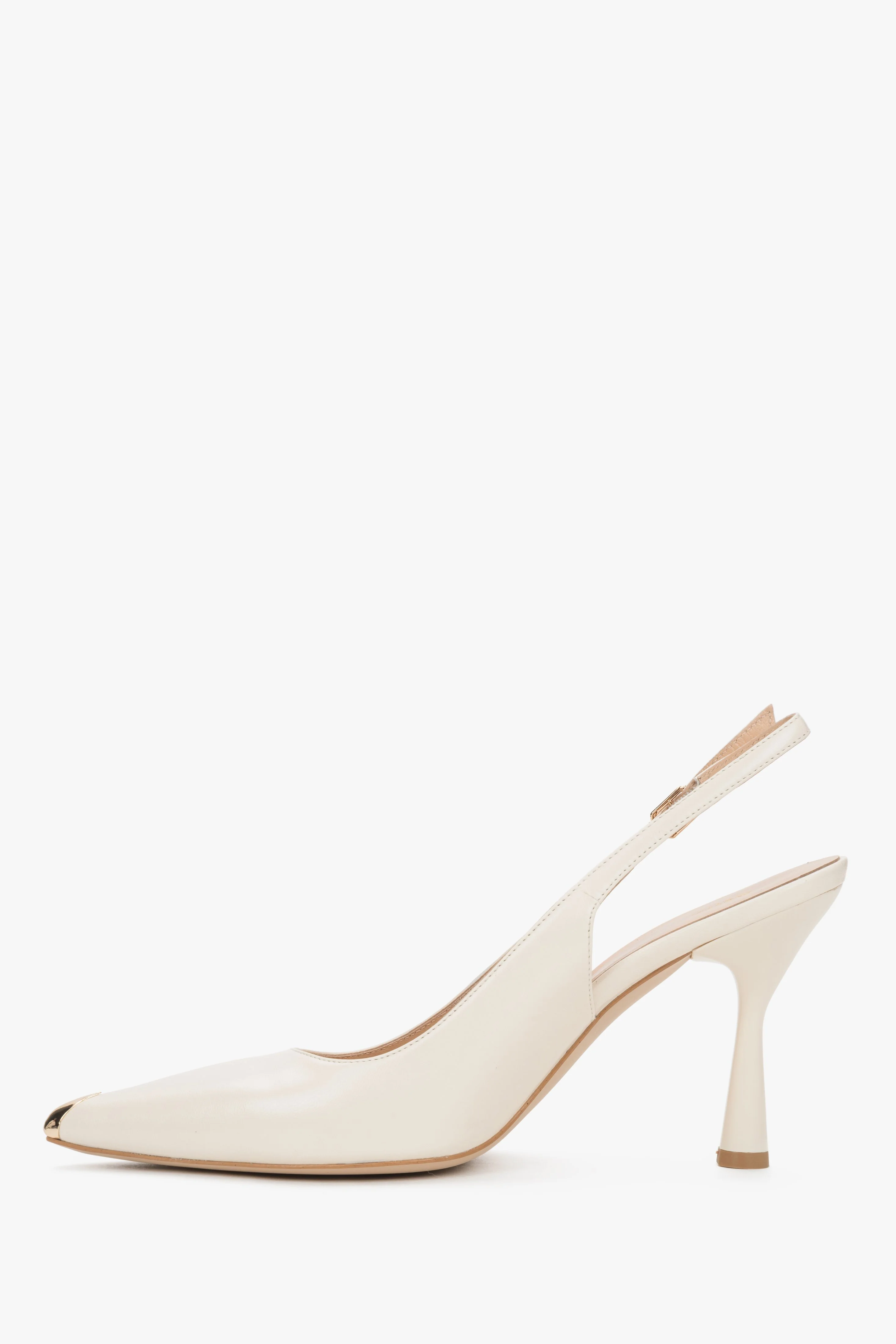 Jasnobeżowe skórzane czółenka damskie typu slingback na obcasie ze złotym czubkiem w szpic Estro ER00119582 - Image 6