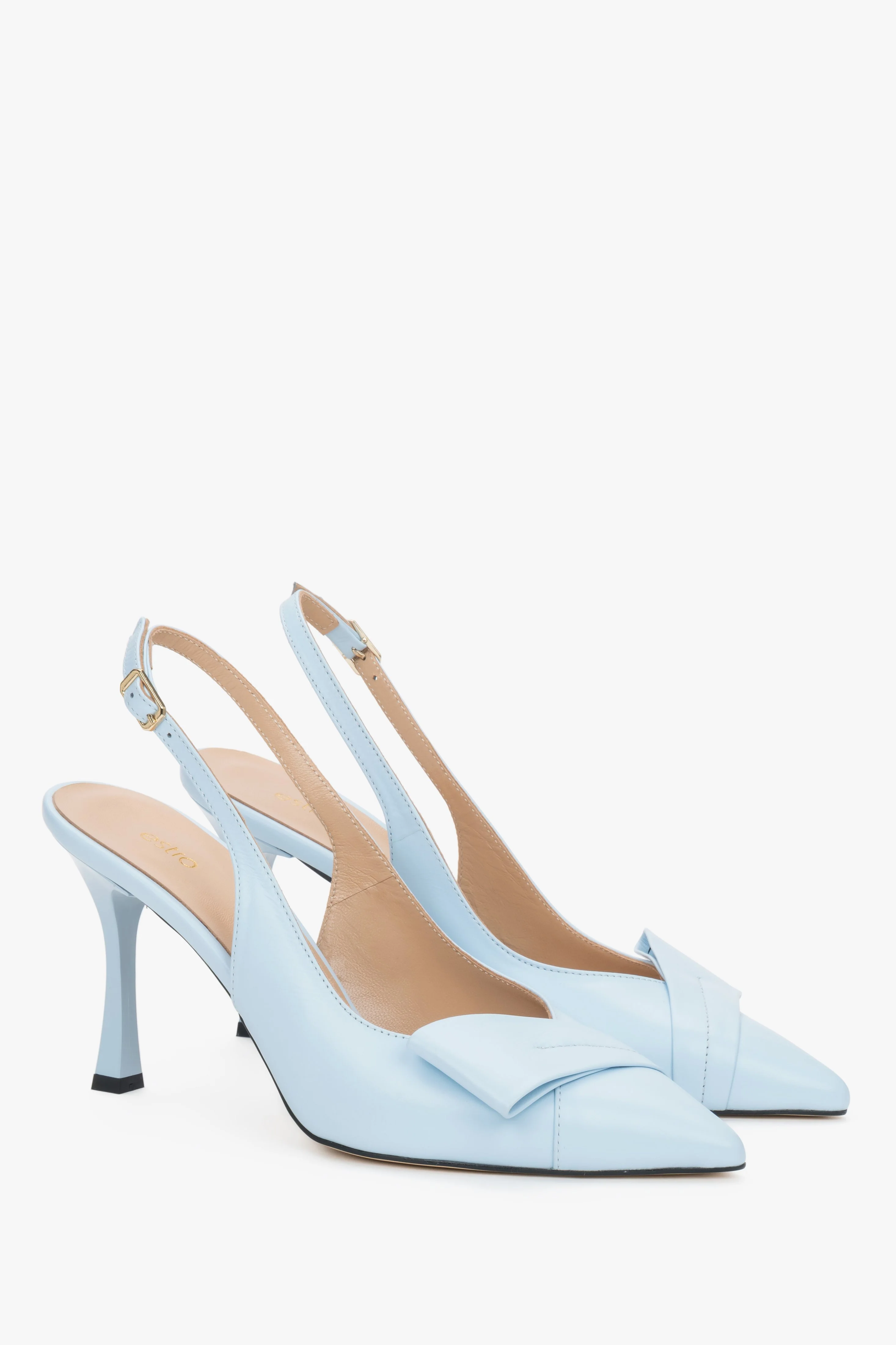 Jasnoniebieskie skórzane czółenka damskie typu slingback na szpilce z czubkiem w szpic Estro ER00119666 - Image 2