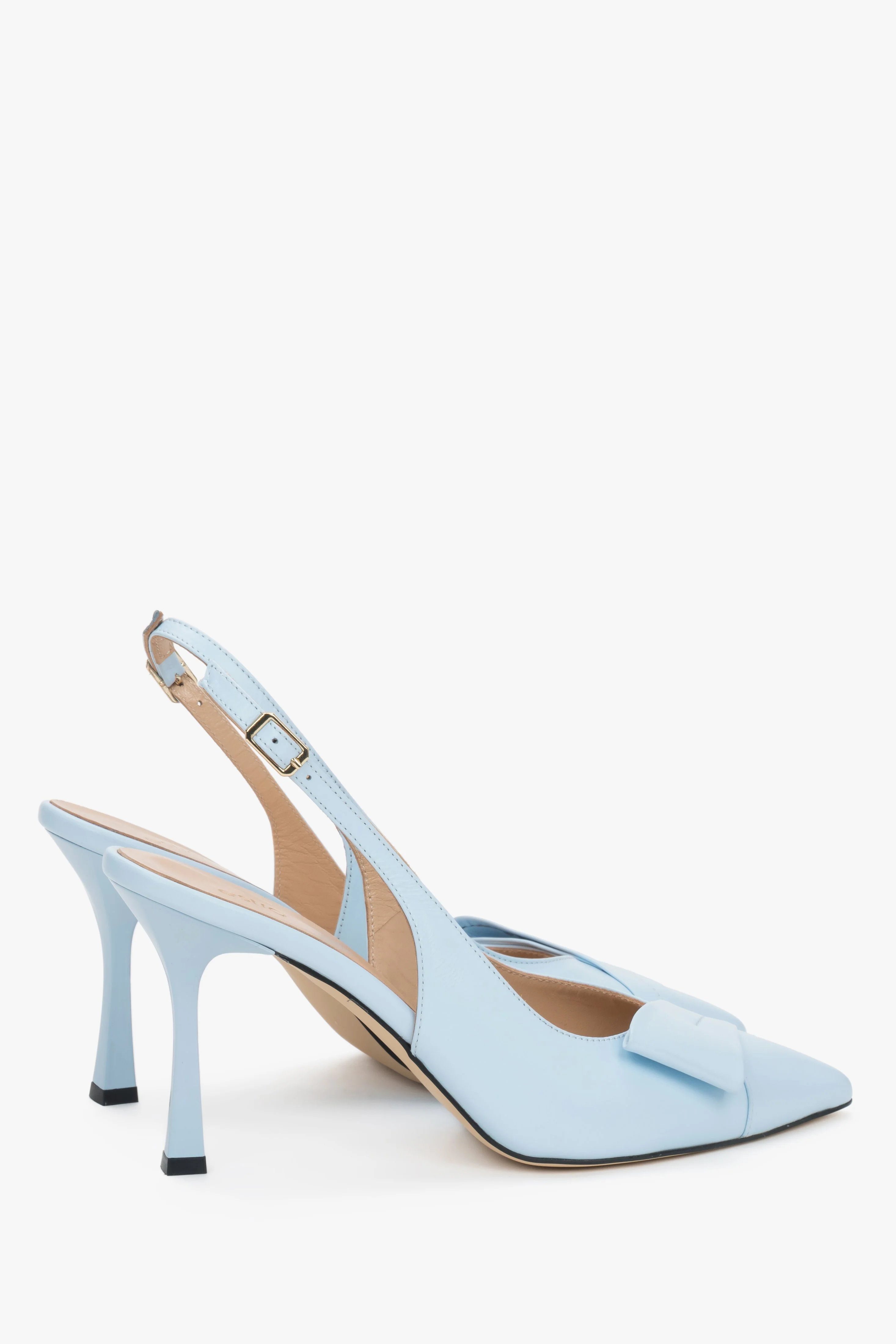 Jasnoniebieskie skórzane czółenka damskie typu slingback na szpilce z czubkiem w szpic Estro ER00119666 - Image 5