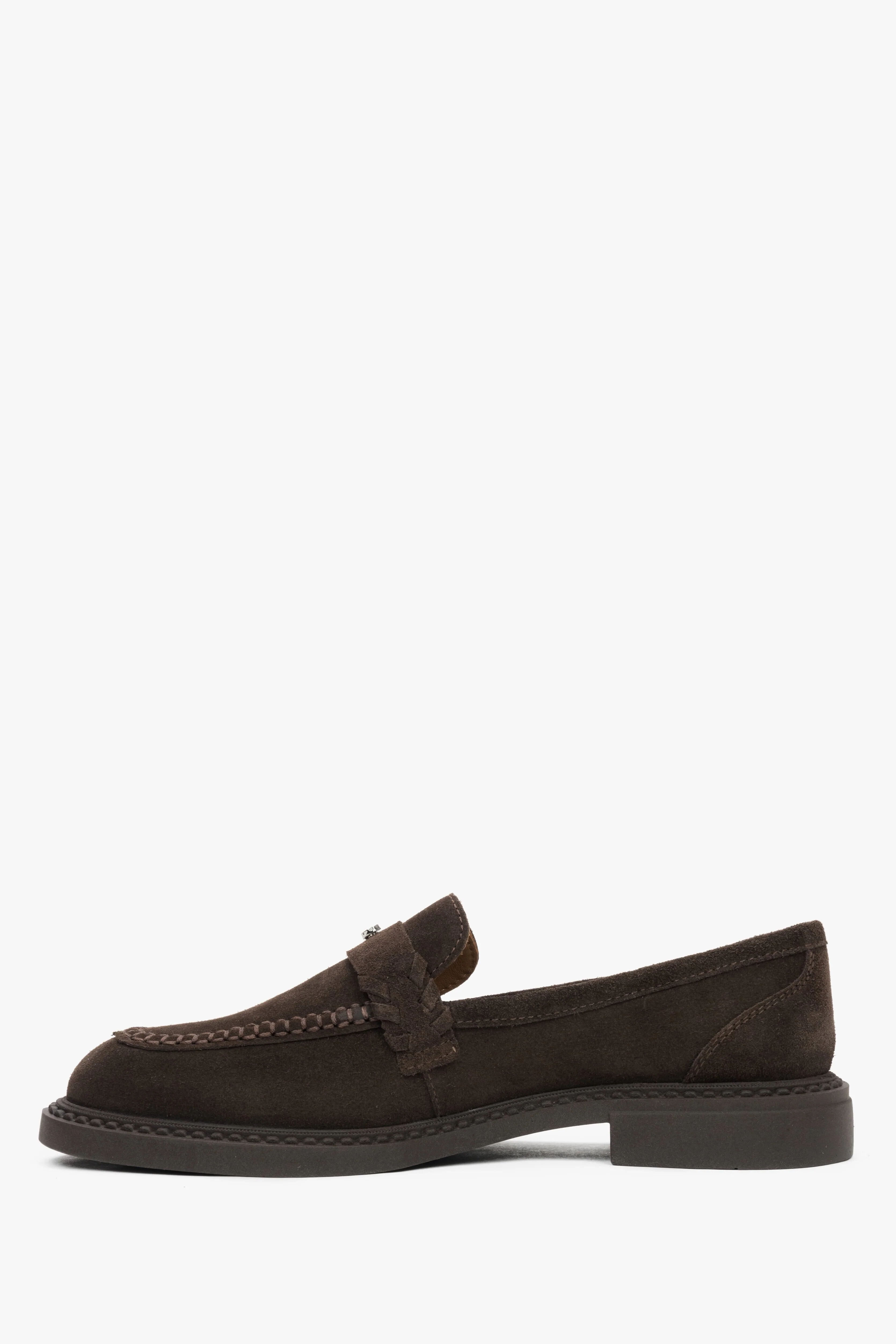 Czekoladowe loafersy damskie typu Penny z włoskiego weluru naturalnego Premium Estro ER00116793 - Image 6