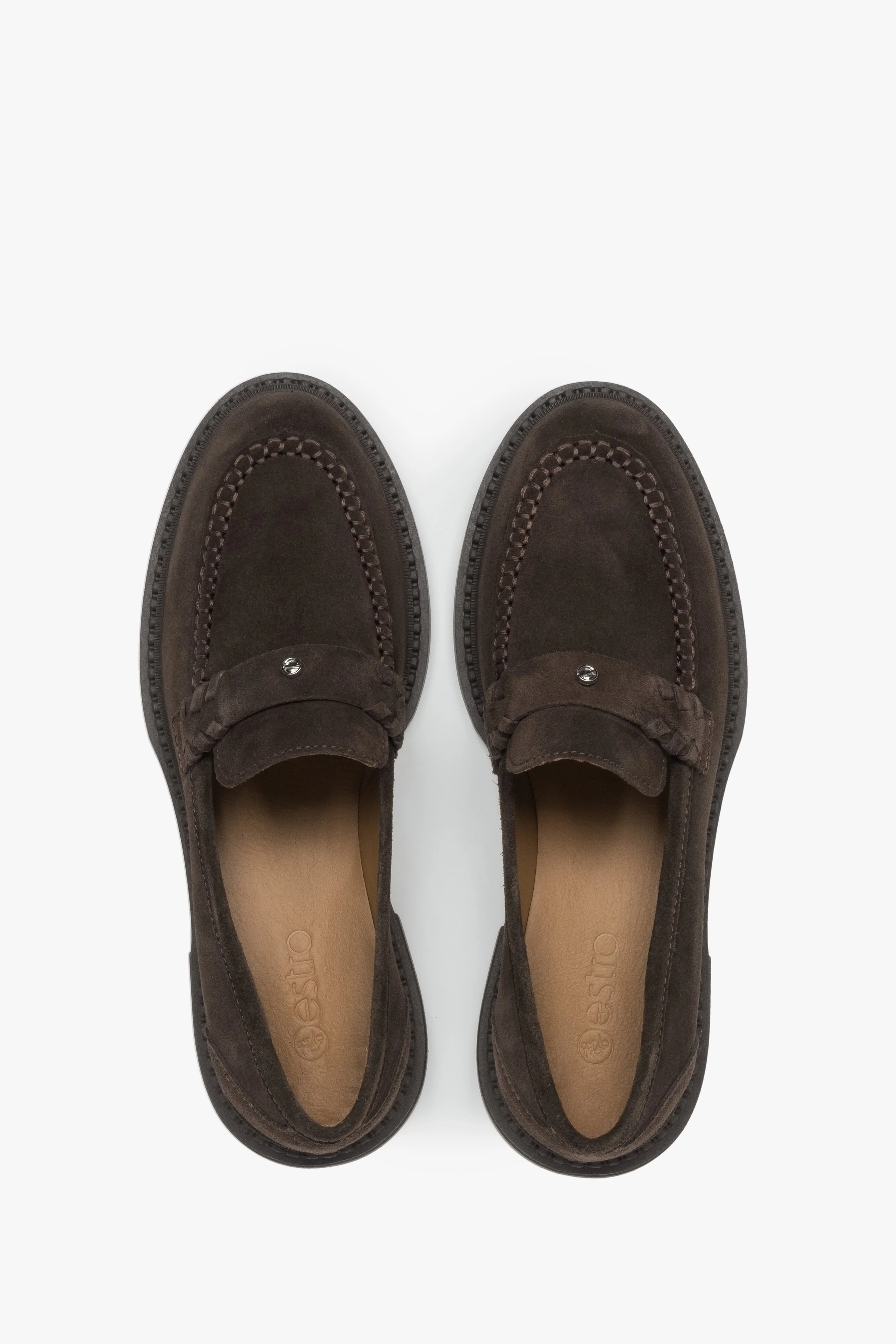 Czekoladowe loafersy damskie typu Penny z włoskiego weluru naturalnego Premium Estro ER00116793 - Image 7