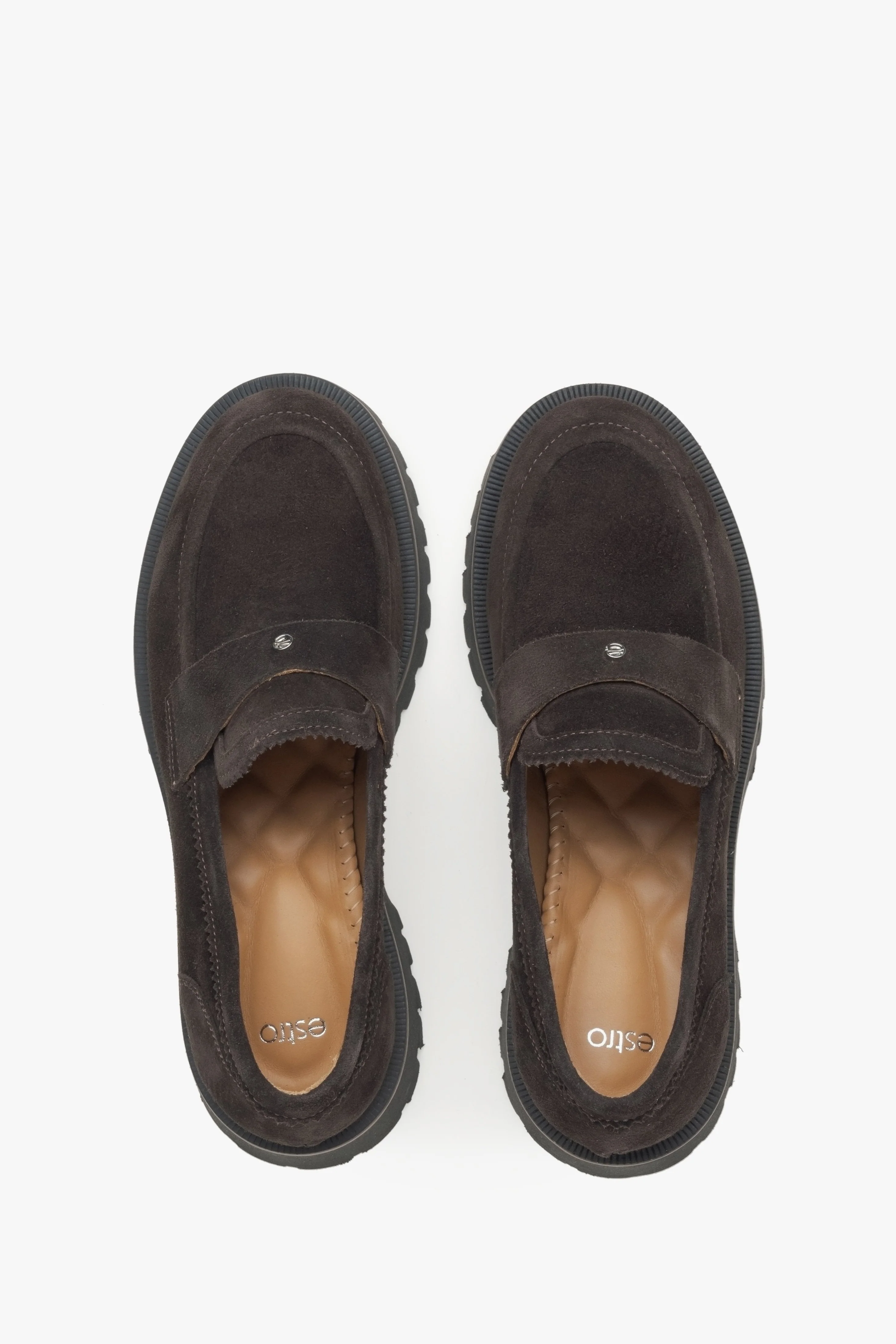 Ciemnobrązowe loafersy damskie na masywnej podeszwie z włoskiego weluru naturalnego Estro ER00115732 - Image 4
