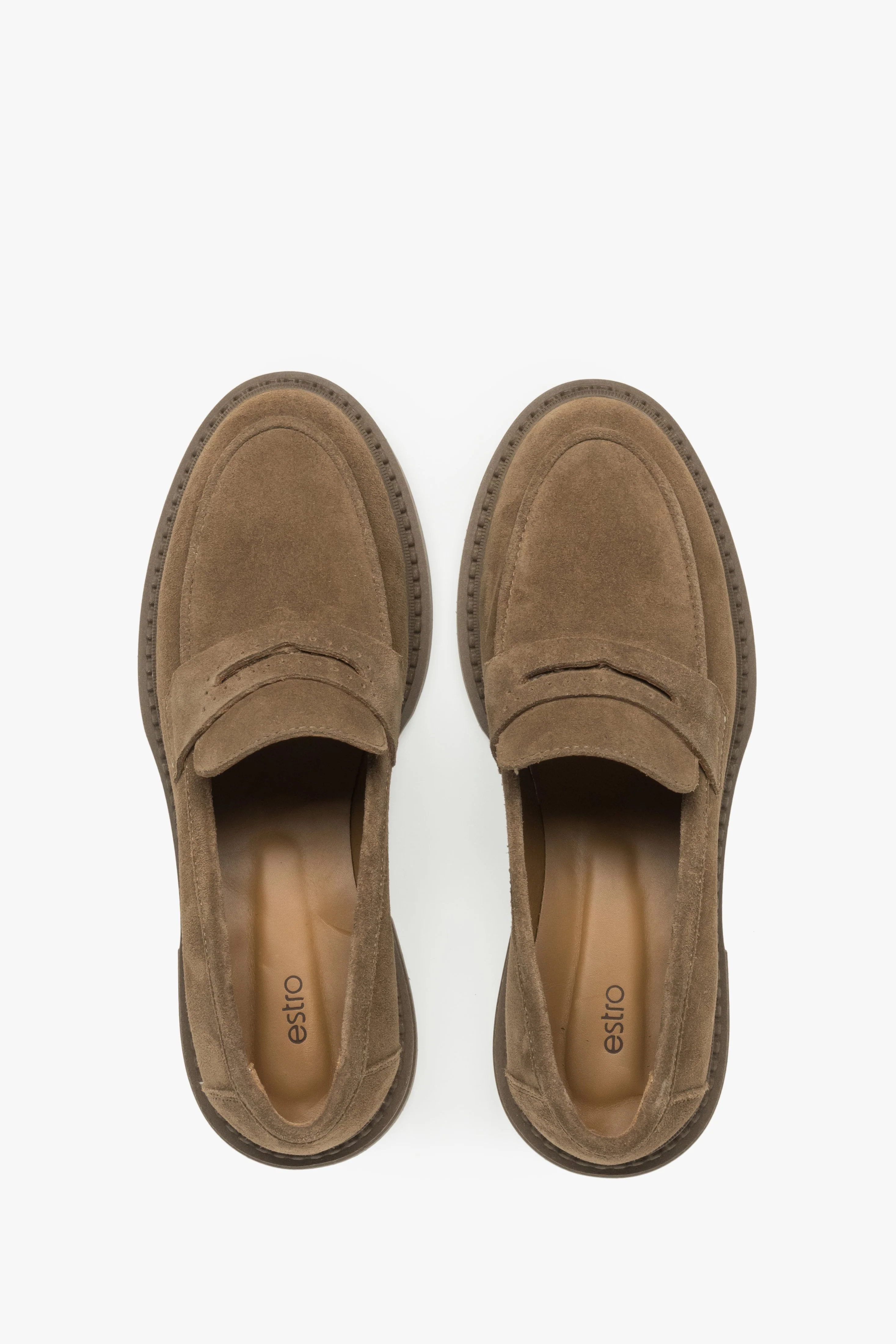 Klasyczne jasnobrązowe loafersy damskie typu Penny z włoskiego weluru naturalnego Estro ER00116886 - Image 4
