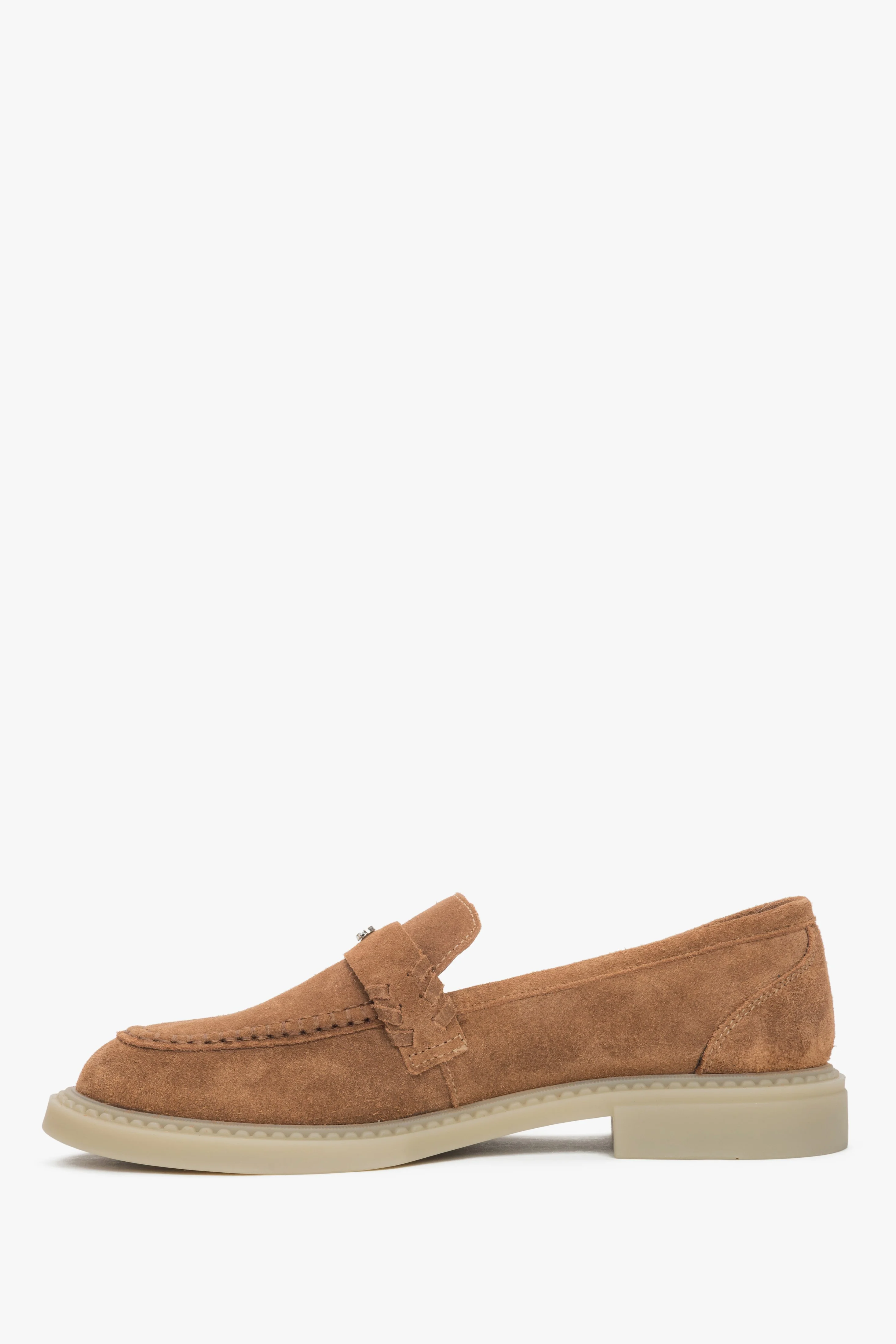 Karmelowe mokasyny damskie typu Penny z włoskiego weluru naturalnego Premium Estro ER00119214 - Image 3