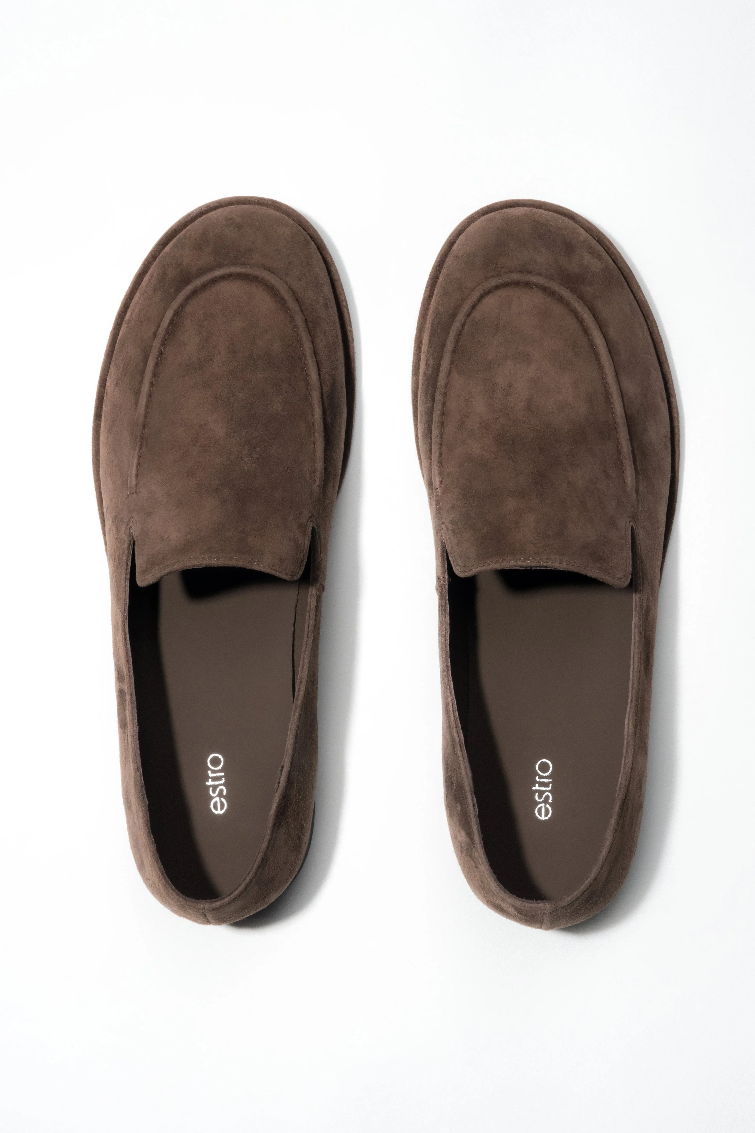 Ciemnobrązowe loafersy damskie z weluru naturalnego na płaskiej podeszwie Estro ER00119021