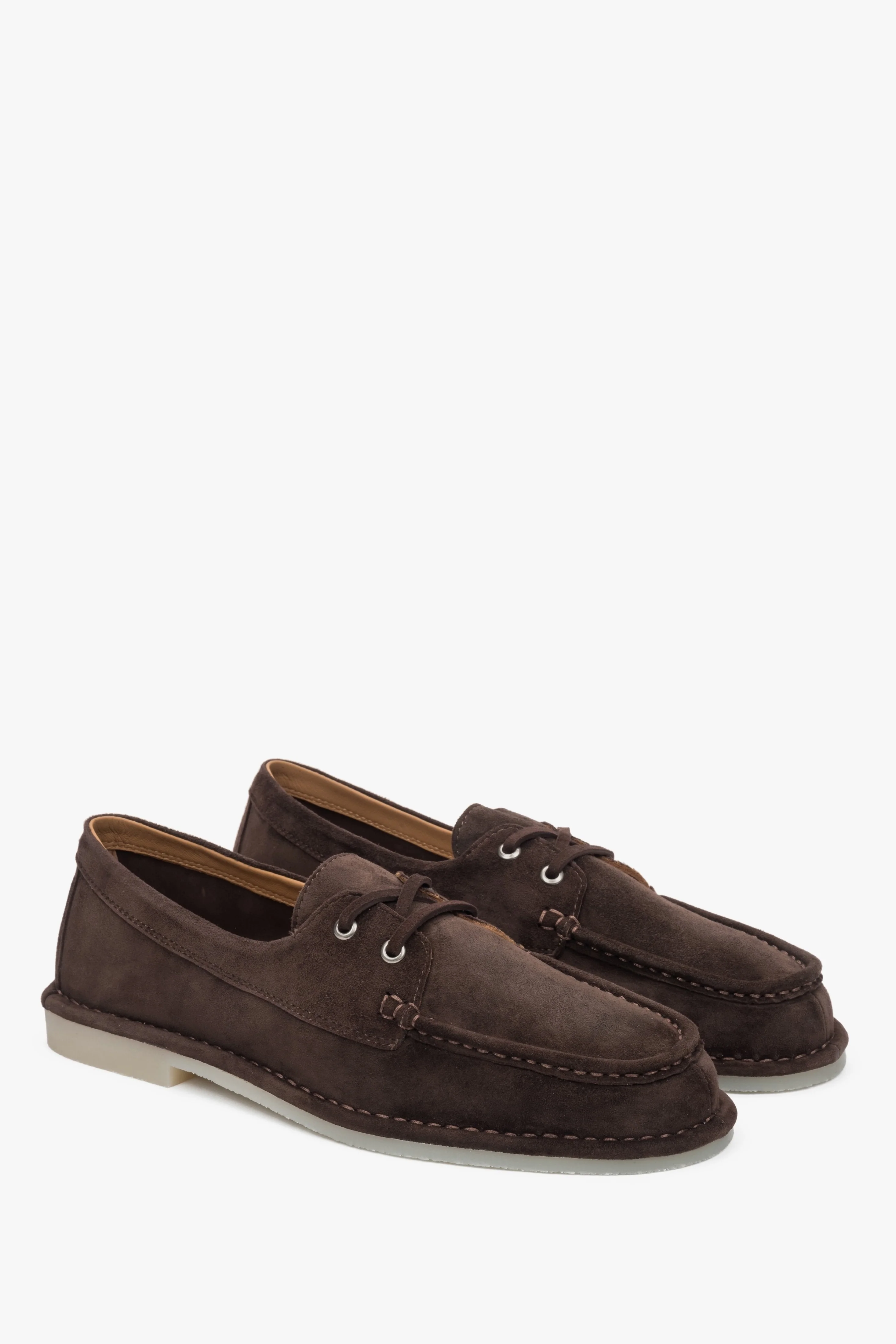 Ciemnobrązowe sznurowane loafersy damskie z weluru w stylu żeglarskim Estro ER00117142 - Image 3