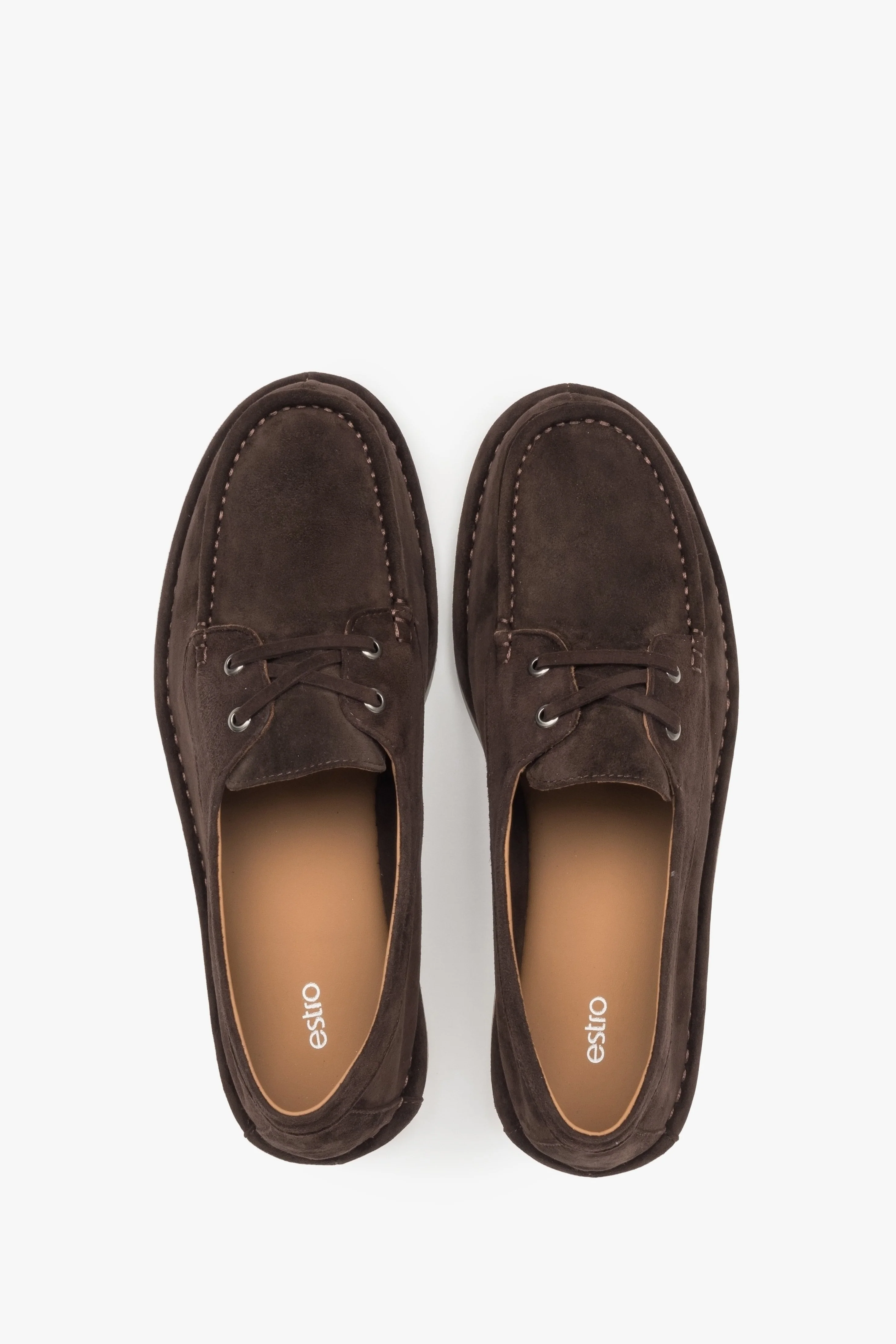 Ciemnobrązowe sznurowane loafersy damskie z weluru w stylu żeglarskim Estro ER00117142 - Image 4