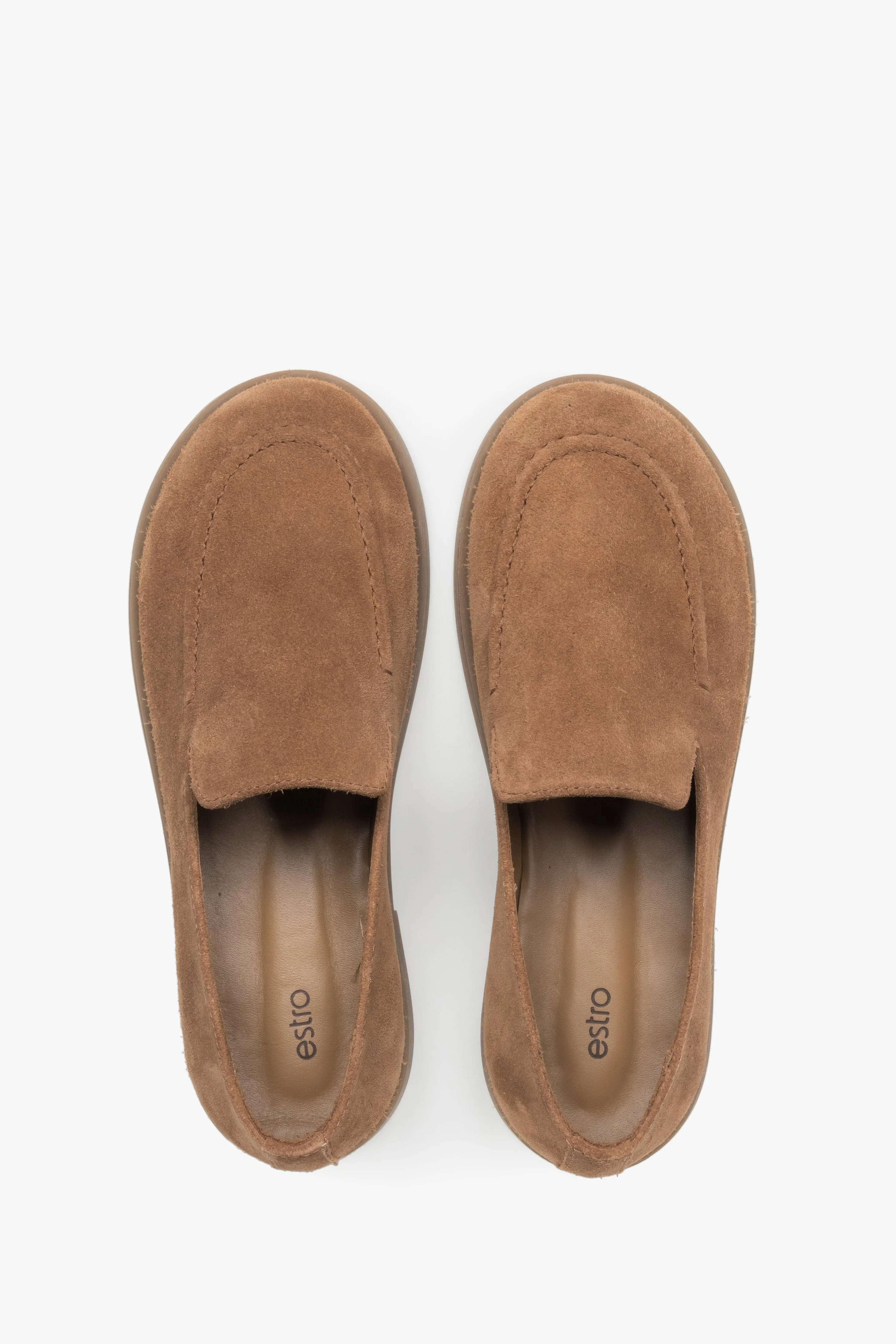 Karmelowe mokasyny damskie typu barefoot z włoskiego weluru naturalnego Premium Estro ER00119487 - Image 2