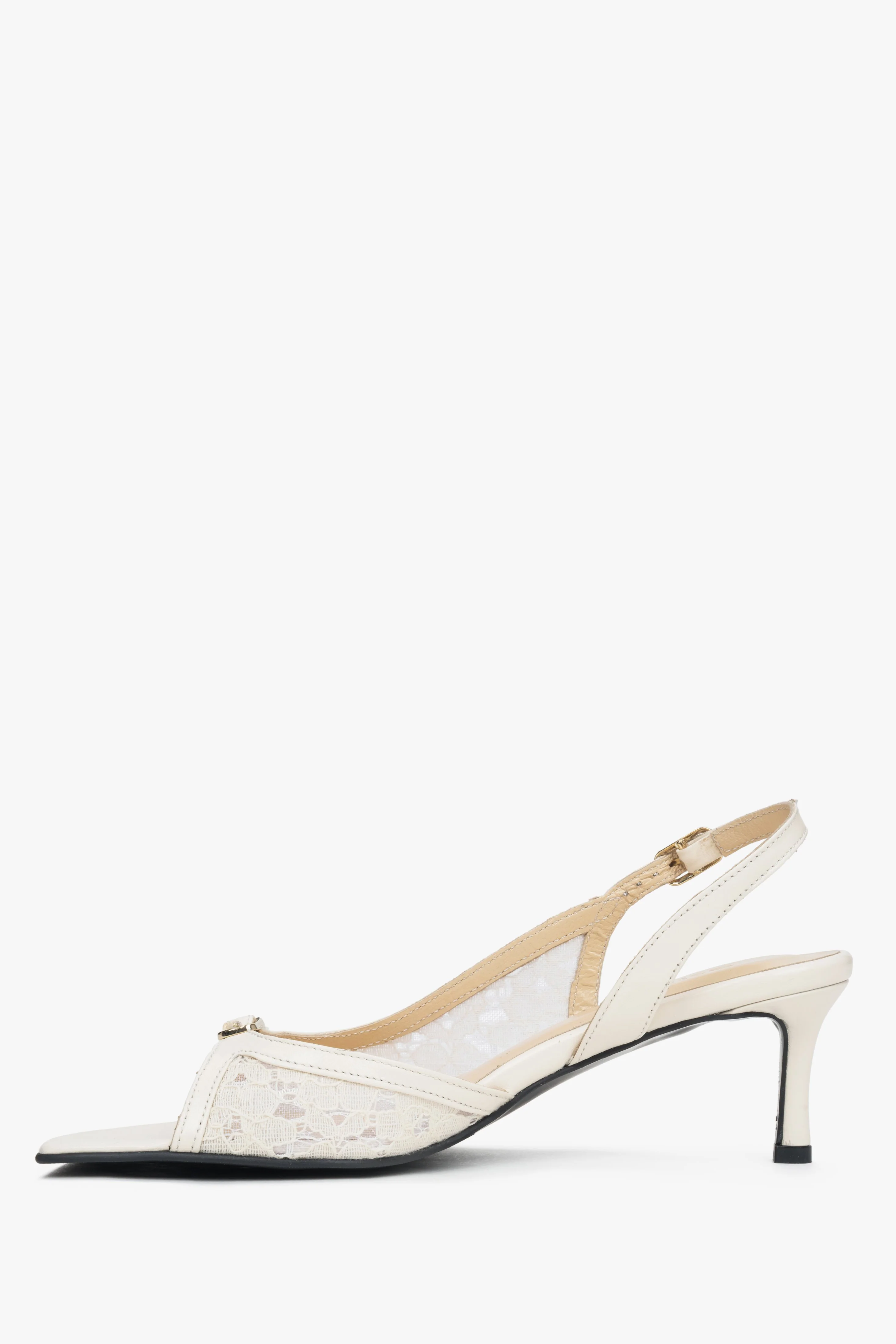 Białe sandałki damskie na obcasie typu slingback z ozdobną koronką Estro ER00117438 - Image 3