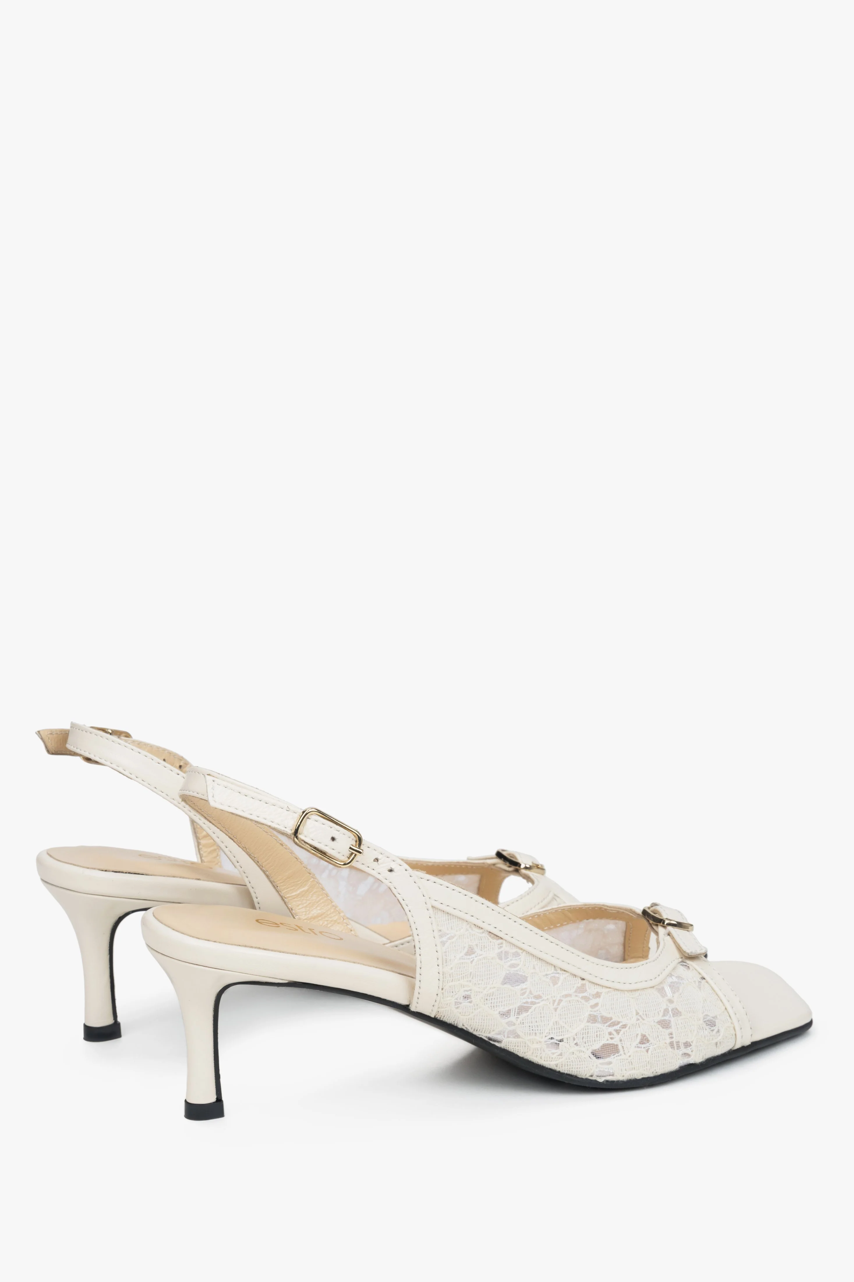Białe sandałki damskie na obcasie typu slingback z ozdobną koronką Estro ER00117438 - Image 5