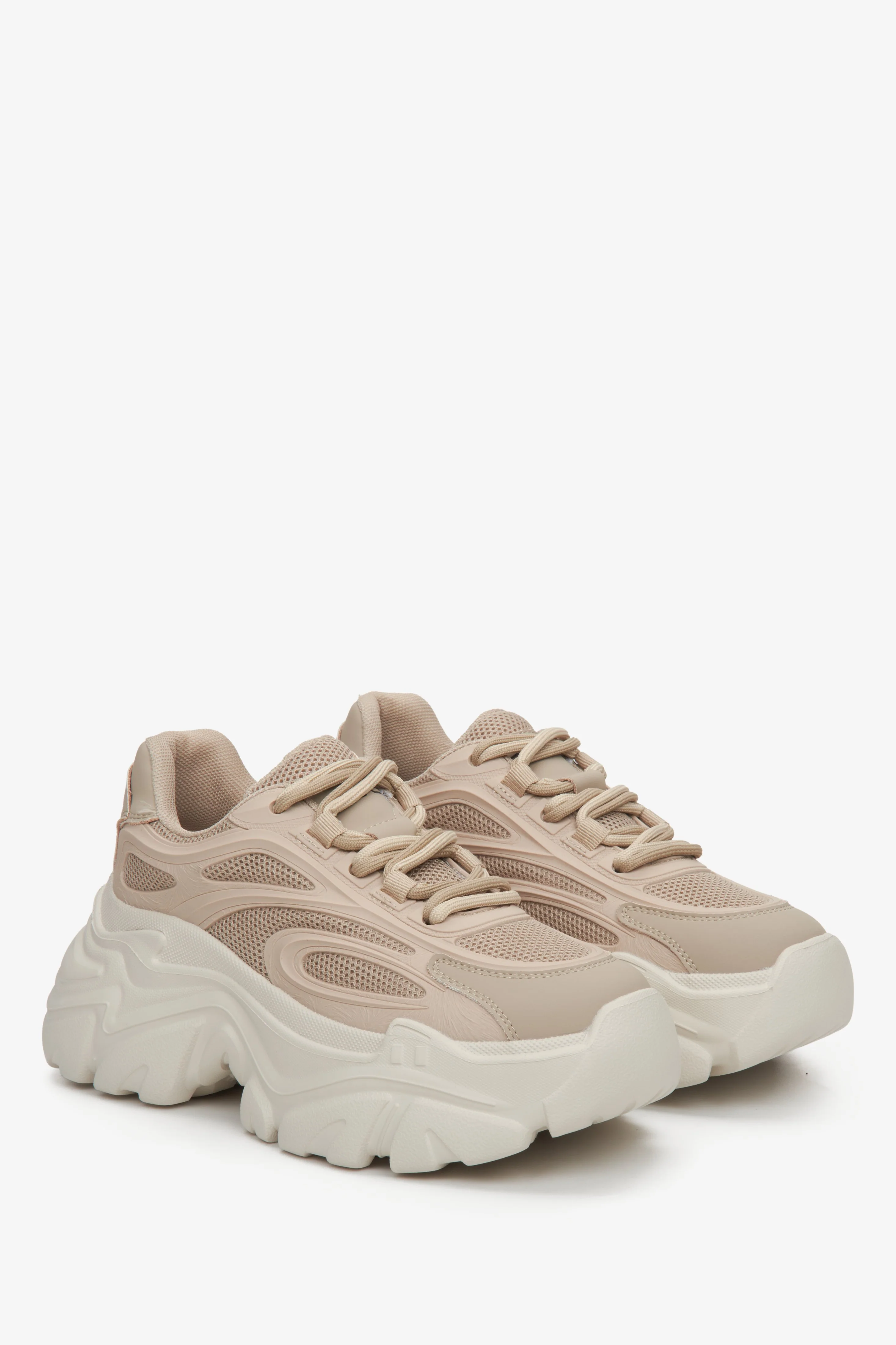 Jasnobrązowe sneakersy damskie na platformie z łączonych materiałów ES8 ER00113229 - Image 2