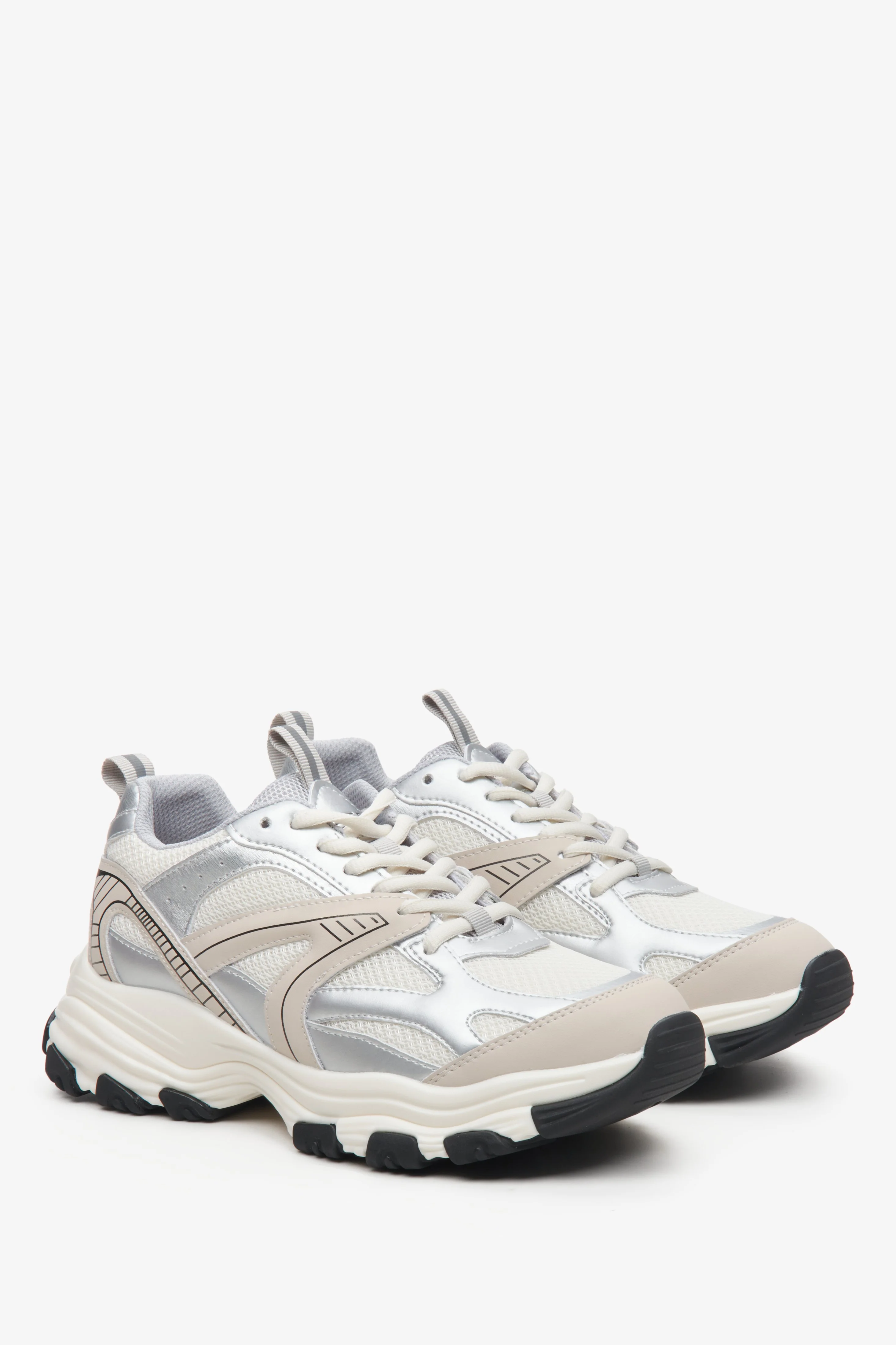 Mleczno-srebrne sneakersy damskie z łączonych materiałów z elastyczną podeszwą ES8 ER00114671 - Image 3