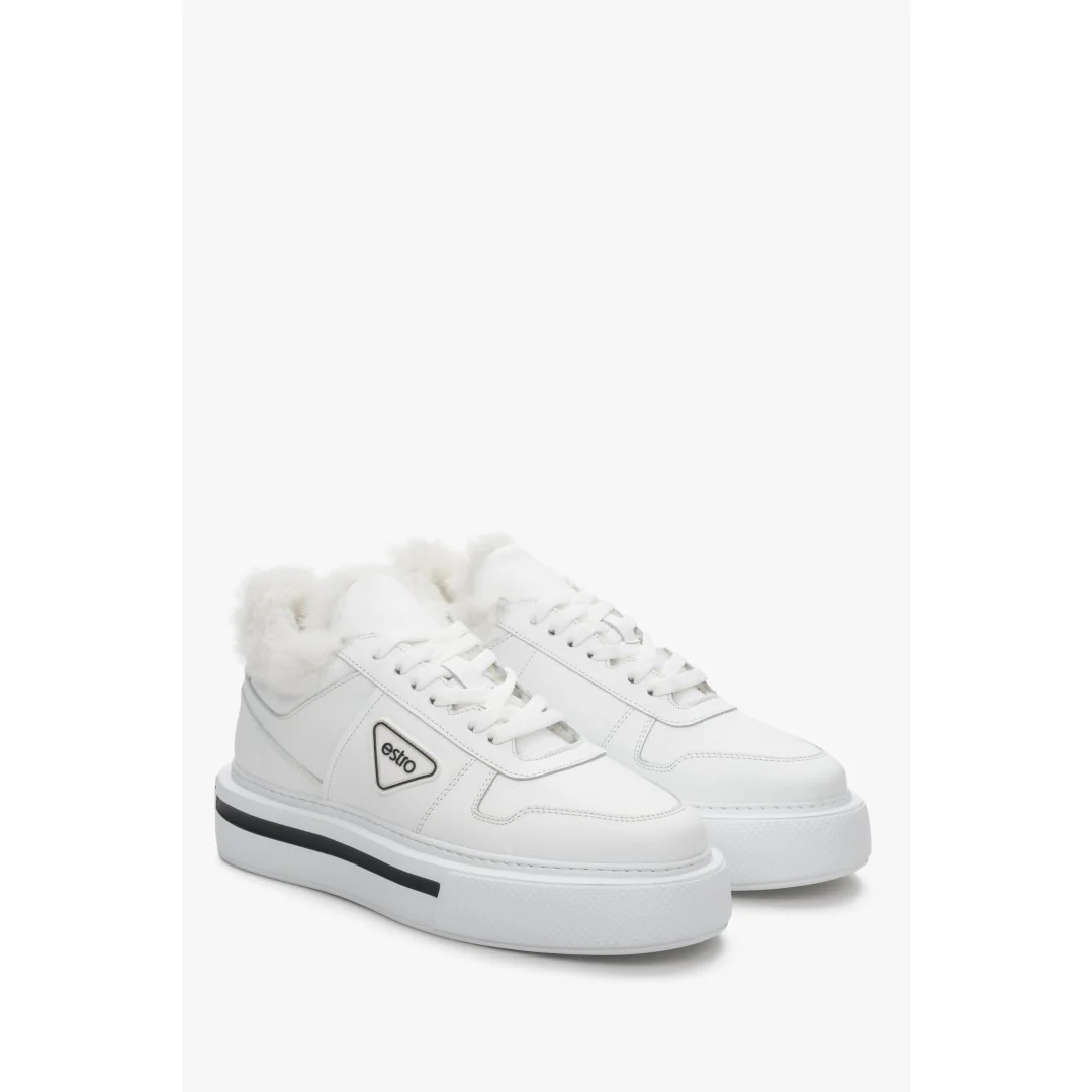 Białe ocieplane sneakersy damskie ze skóry naturalnej z futerkiem Estro ER00111981 - Image 3