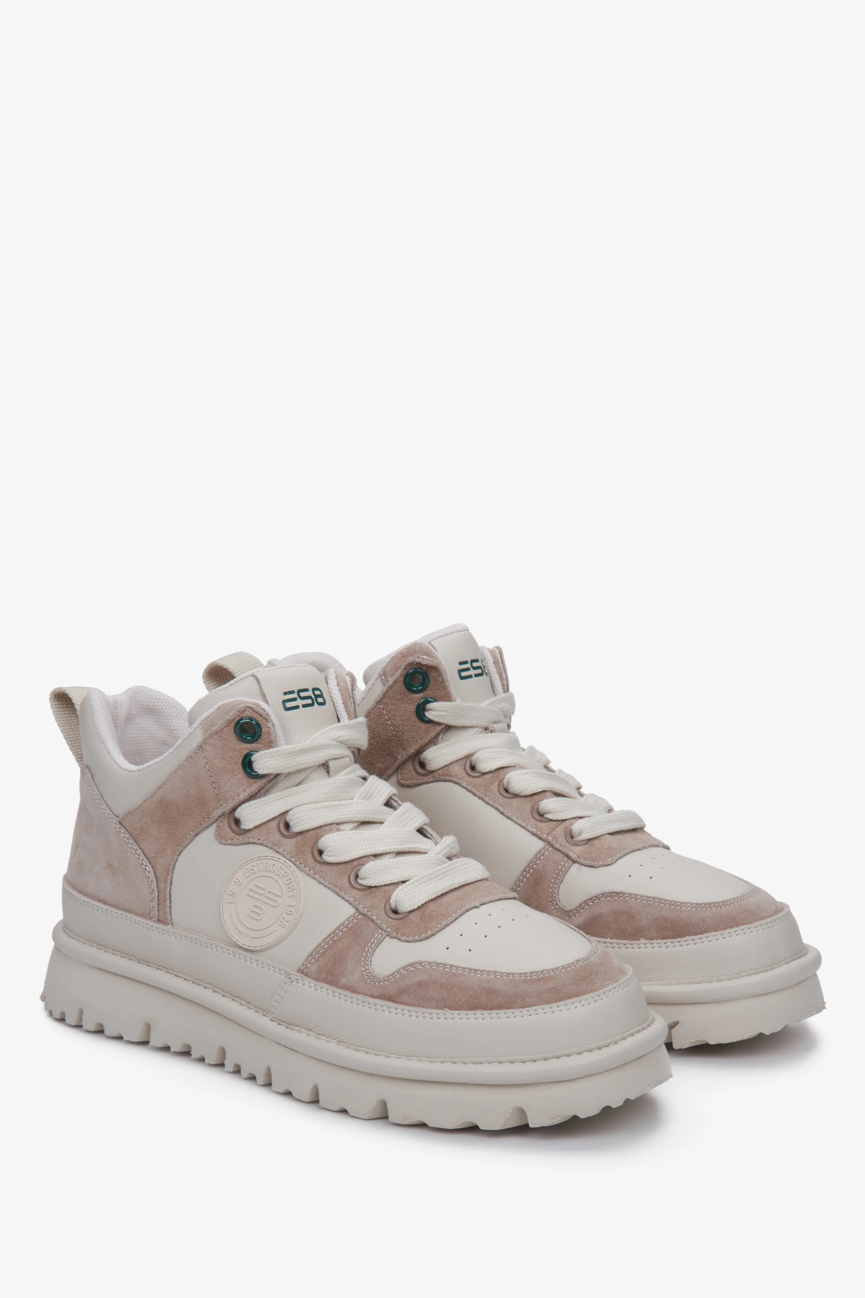 Beżowe sneakersy damskie ze skóry naturalnej i weluru ES8 ER00111706 - Image 4