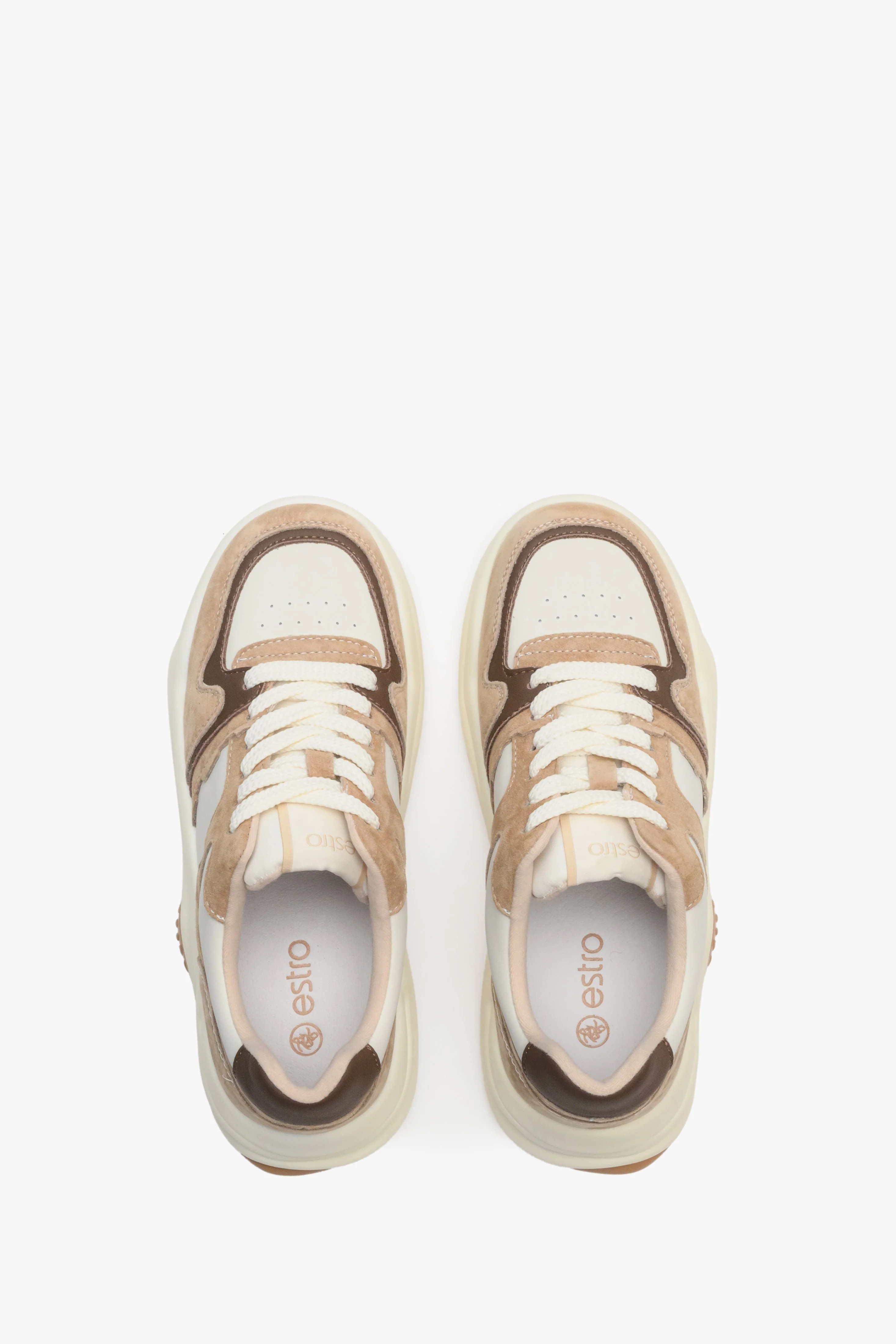 Beżowo-białe sneakersy damskie ze skóry i weluru Estro ER00112595 - Image 4
