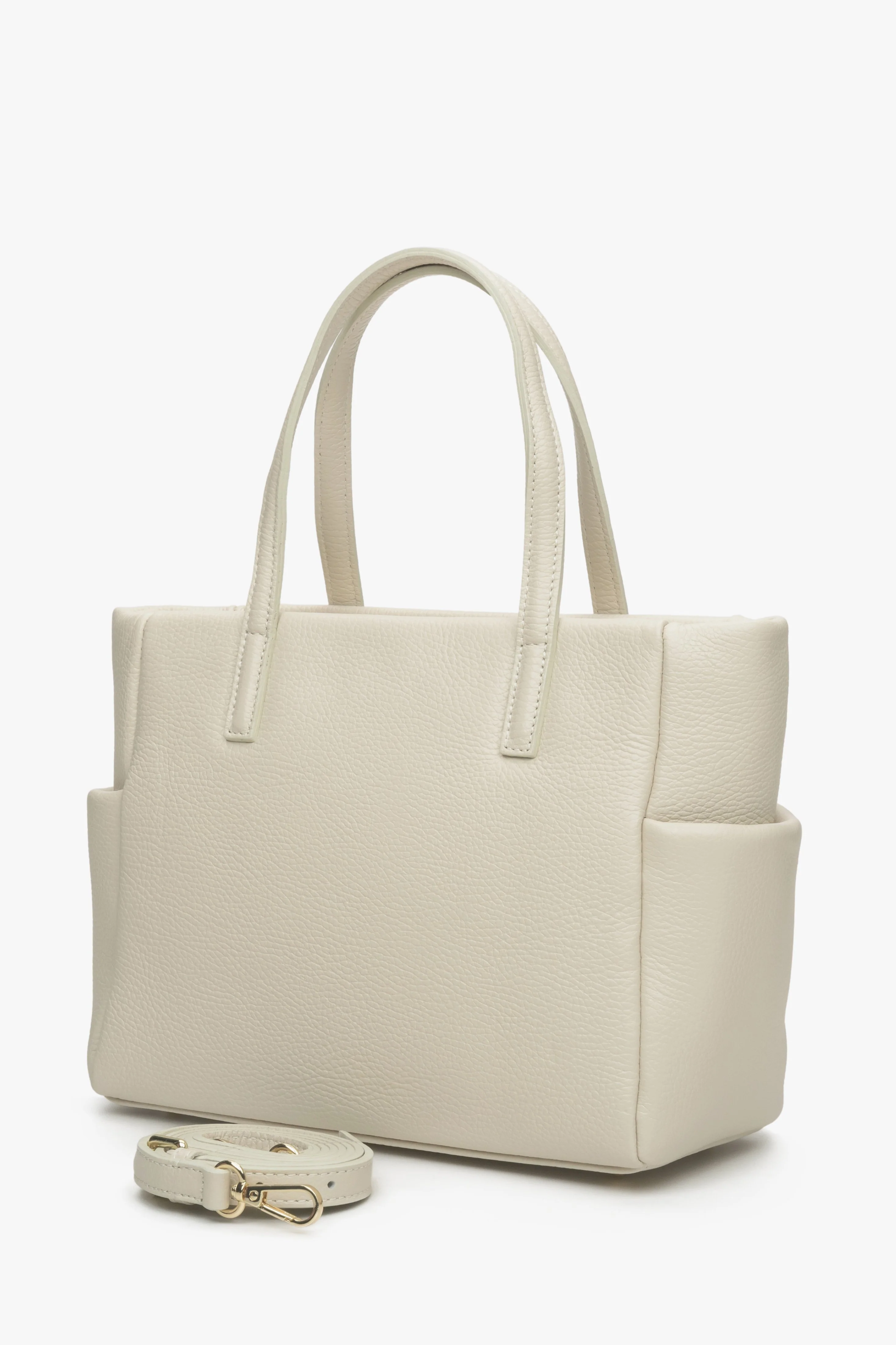 Jasnobeżowa torebka damska typu shopper z włoskiej skóry naturalnej Premium Estro ER00115082 - Image 2