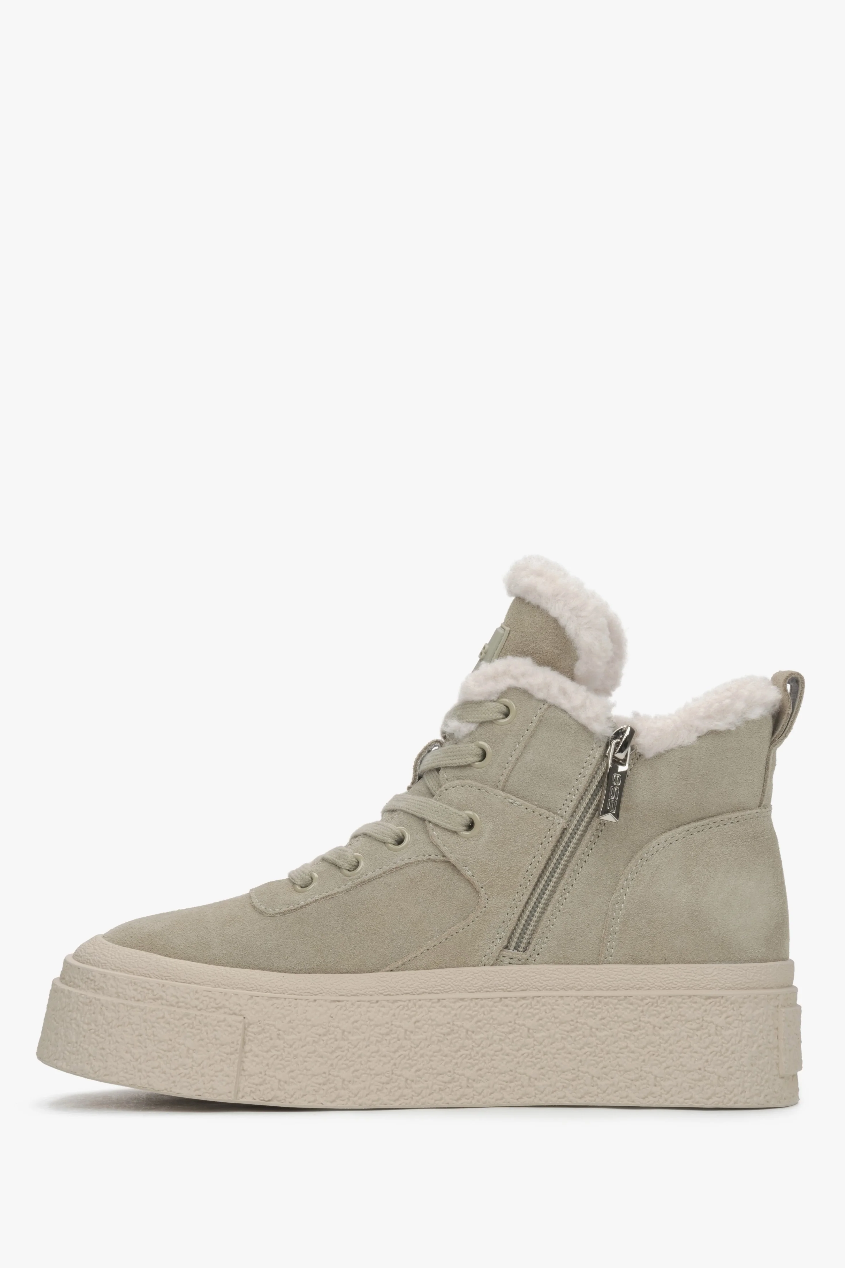 Wysokie trampki damskie na zimę w kolorze khaki z weluru i wełny ES8 ER00115865 - Image 4